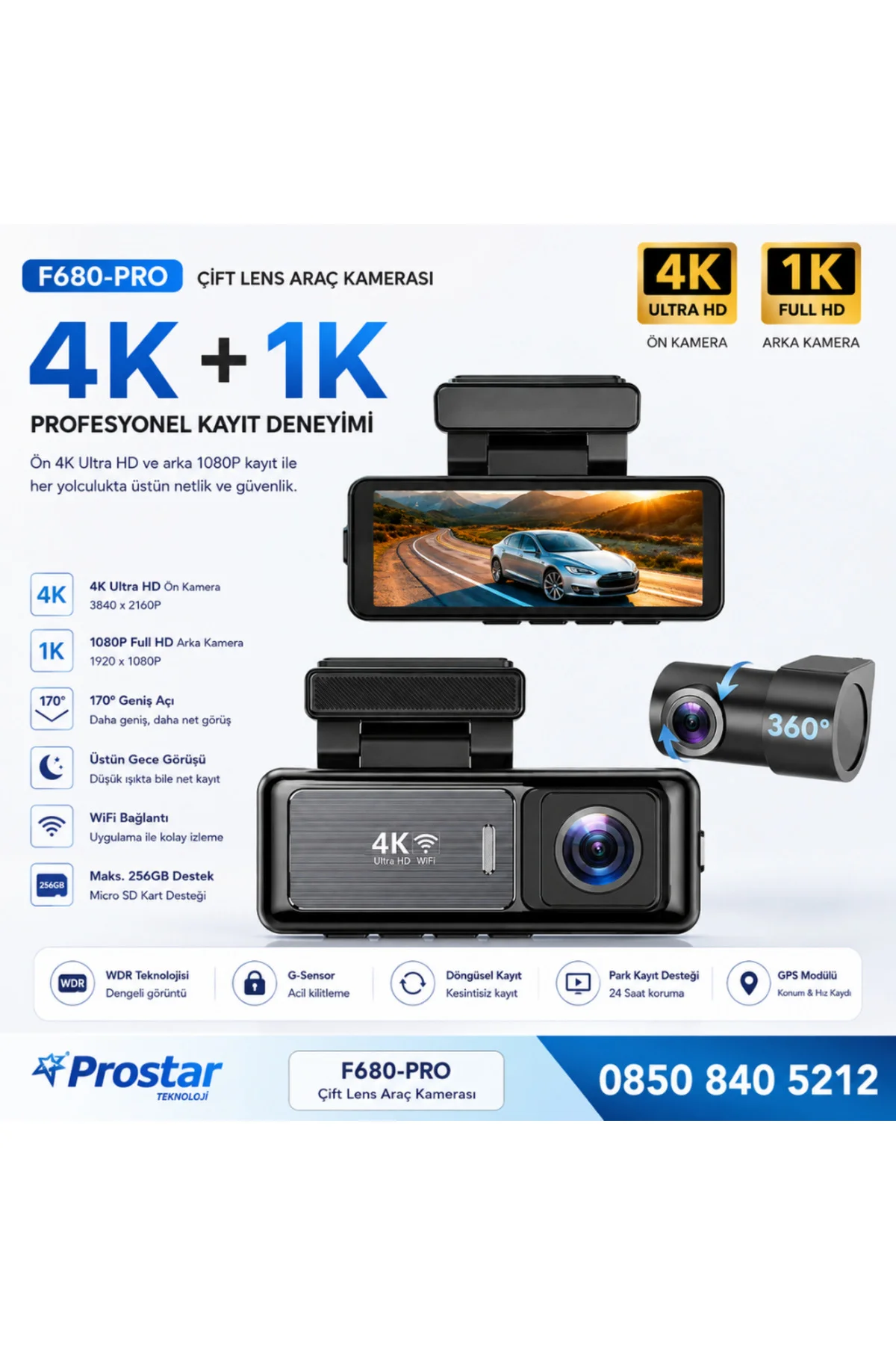 F680-PRO 4K Ultra HD Çift Kameralı Araç Kamerası (Dashcam) - WiFi, GPS, 24 Saat Park Modu