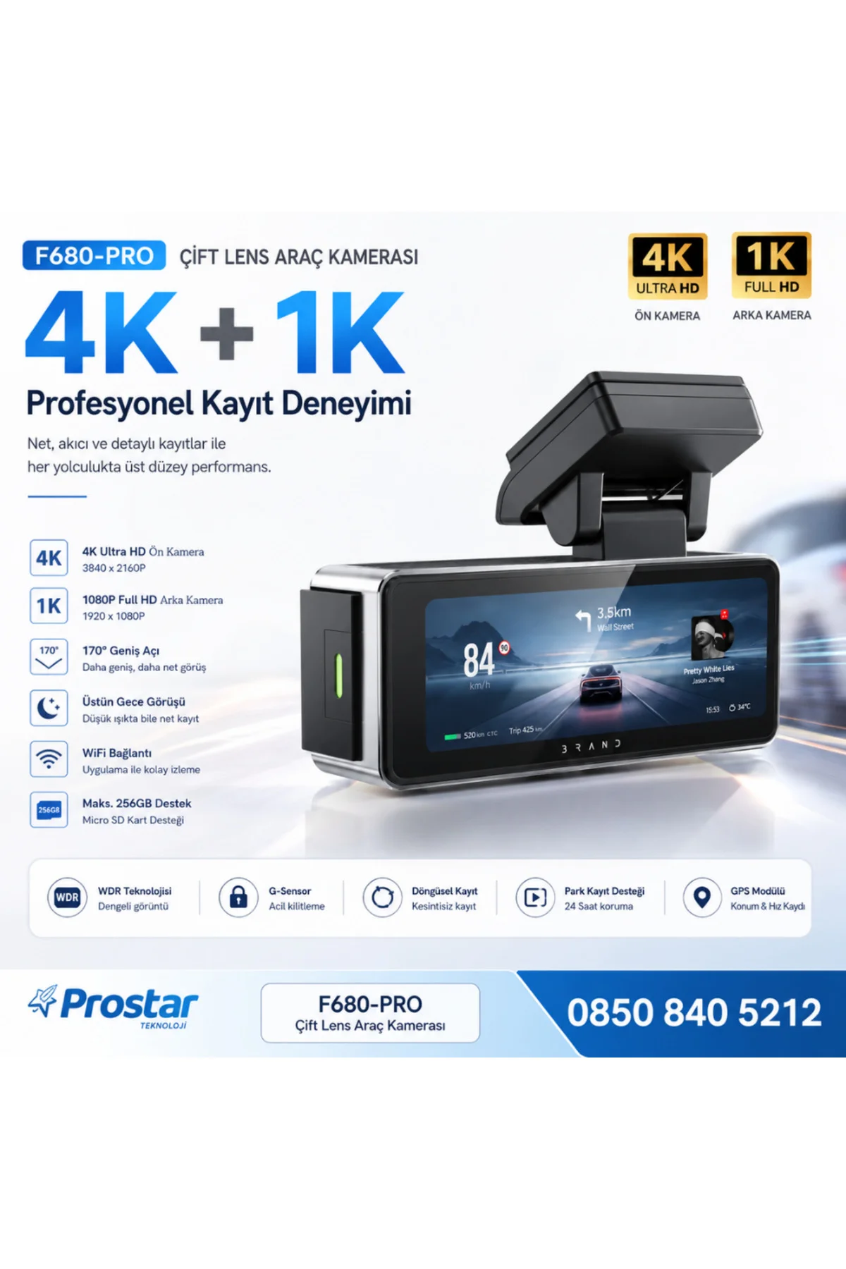 F680-PRO 4K Ultra HD Çift Kameralı Araç Kamerası (Dashcam) - WiFi, GPS, 24 Saat Park Modu