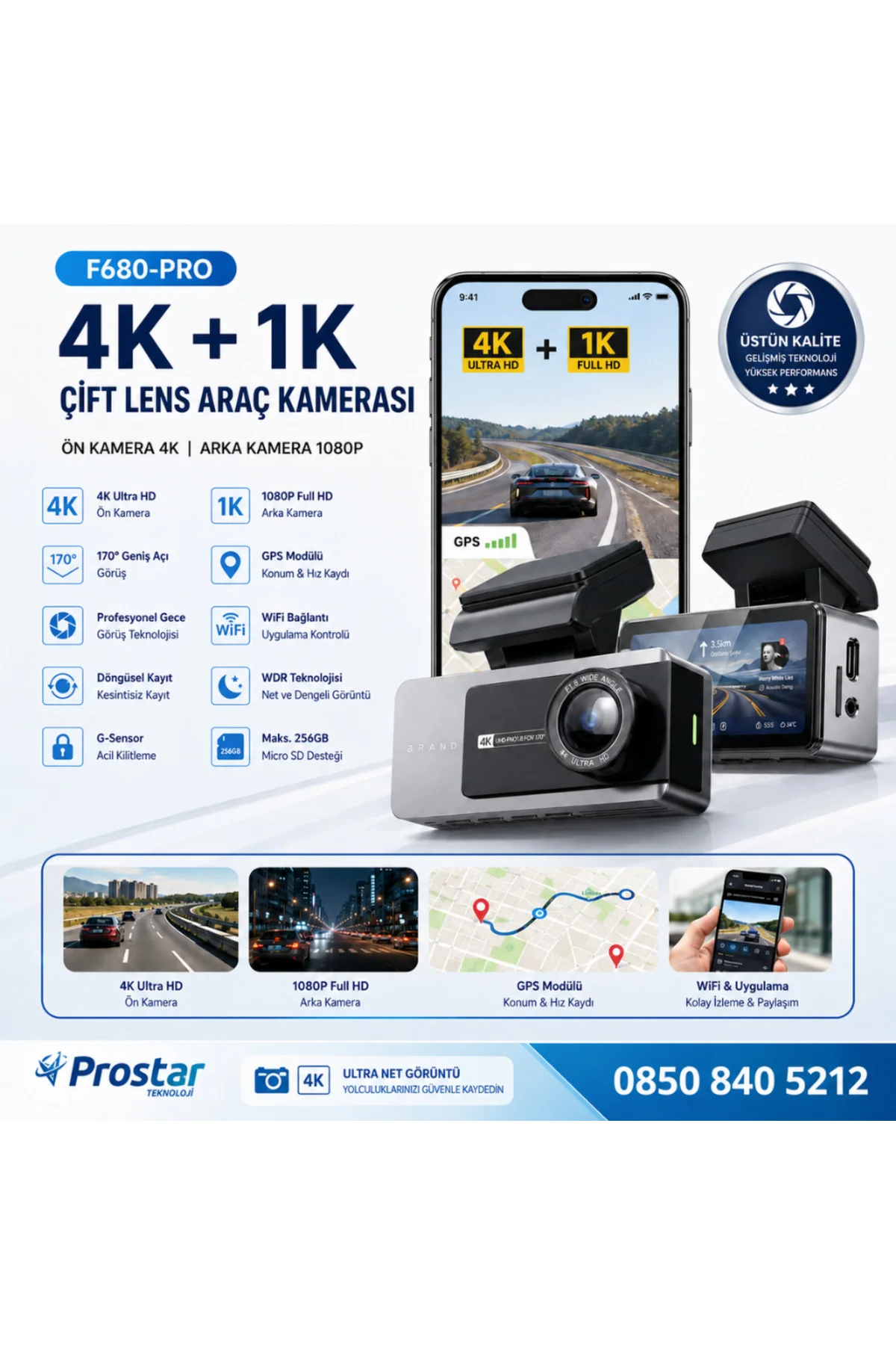 F680-PRO 4K Ultra HD Çift Kameralı Araç Kamerası (Dashcam) - WiFi, GPS, 24 Saat Park Modu