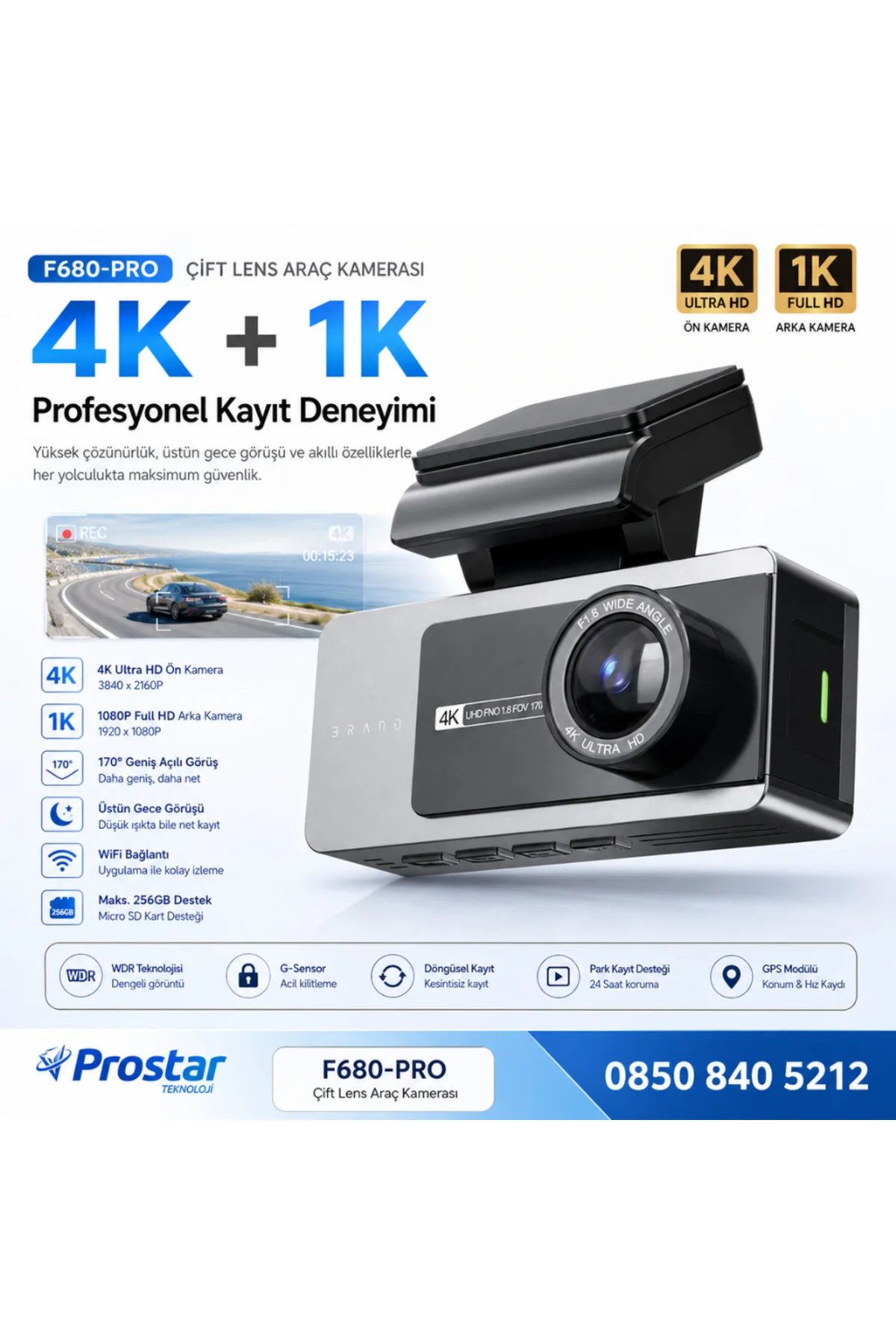 F680-PRO 4K Ultra HD Çift Kameralı Araç Kamerası (Dashcam) - WiFi, GPS, 24 Saat Park Modu