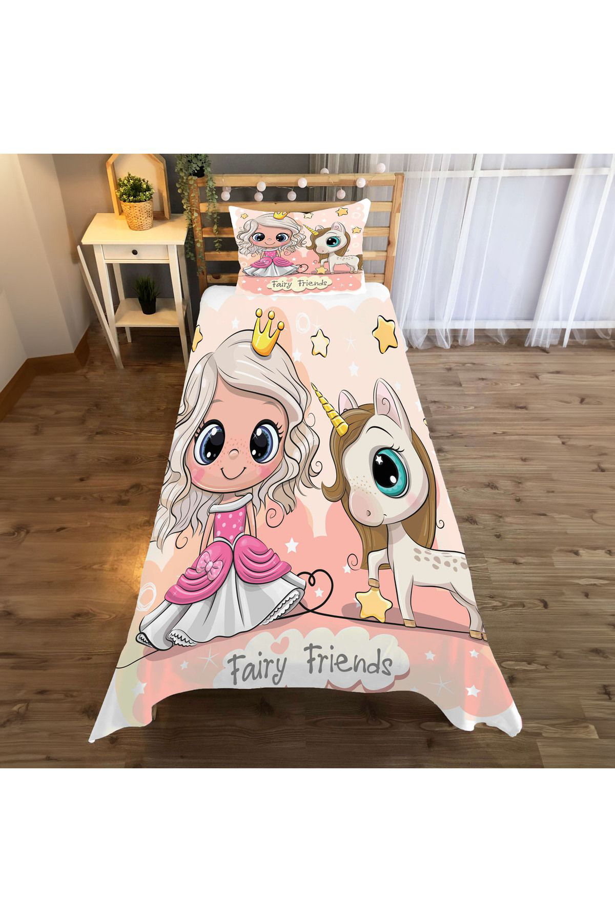 Evan Home Fairy Friends Desenli Çocuk Odası Takım Perde (İki Kanat),Yatak Örtüsü,Yastık,Kırlent ,Halı,