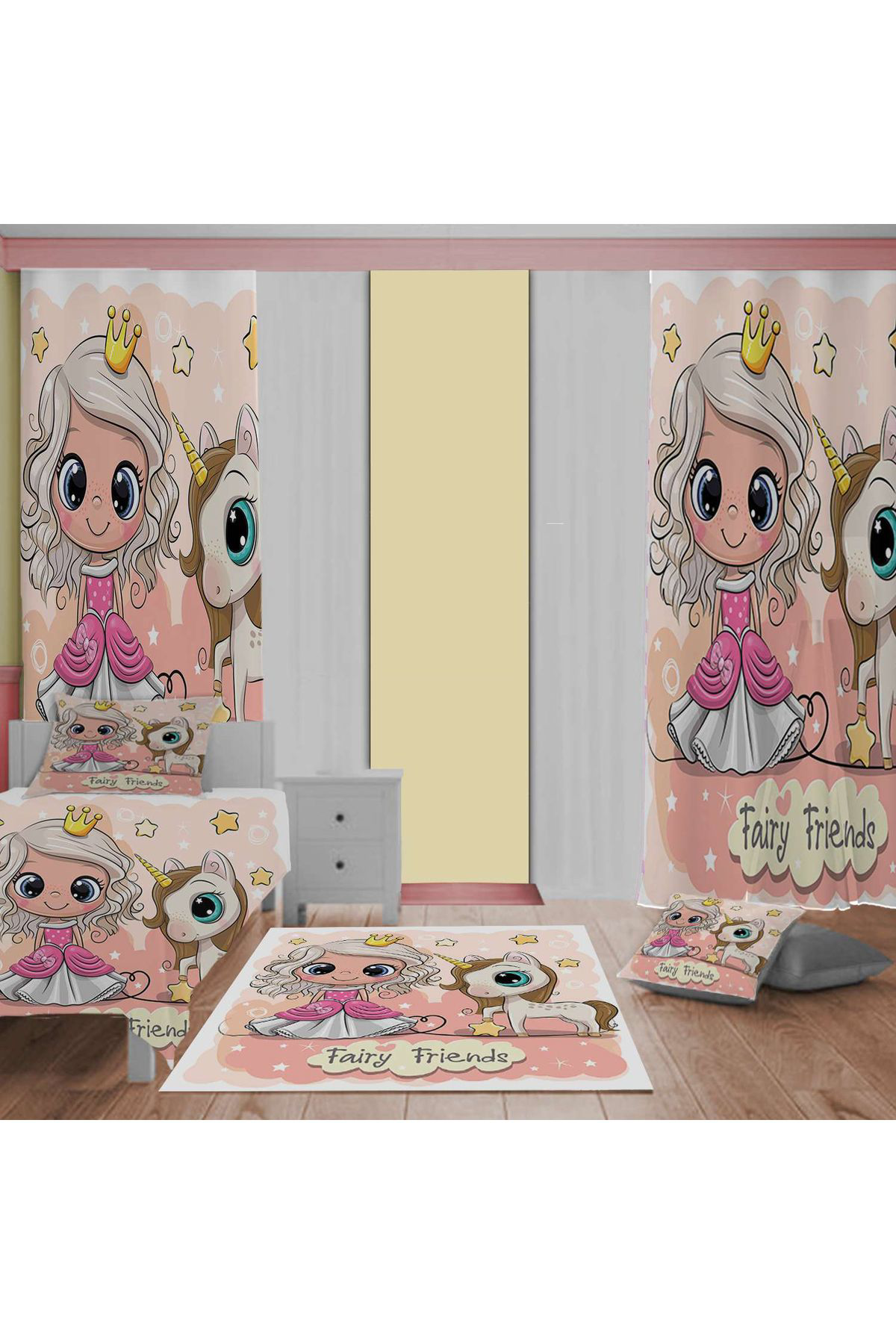 Evan Home Fairy Friends Desenli Çocuk Odası Takım Perde (İki Kanat),Yatak Örtüsü,Yastık,Kırlent ,Halı,