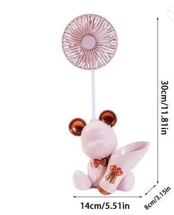 Fanlı Masaüstü Kalemlik Sevimli Ayıcık Figürlü Vantilatör - Pembe