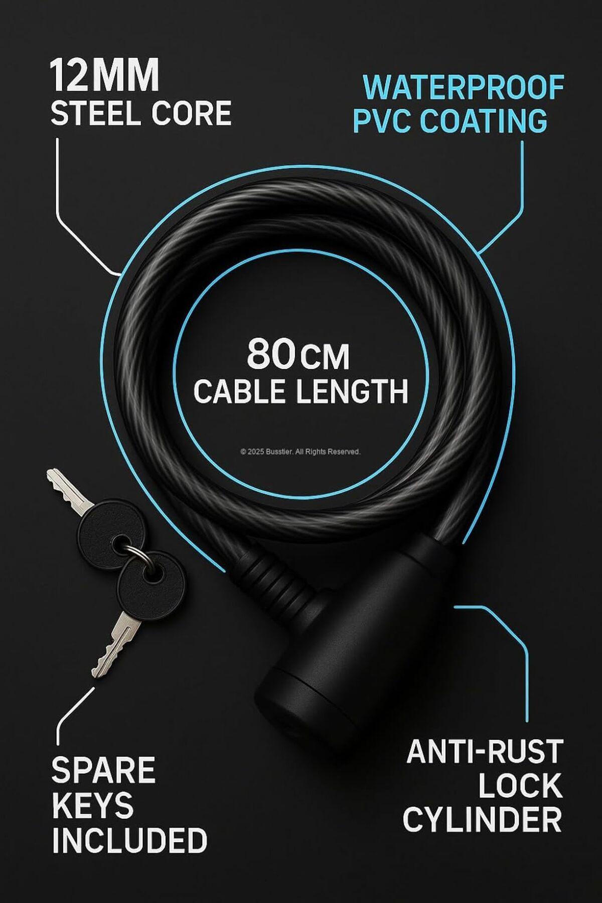 FantastikSell Busstier Bisiklet Kilidi, 80 cm Uzunluk, 12 mm Kalı