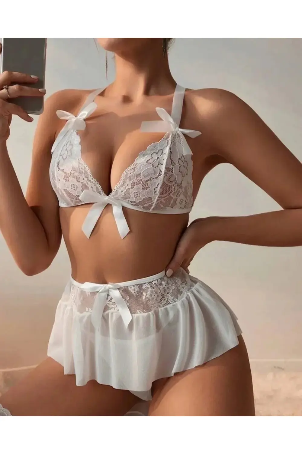 Pilelistore Fantazi Beyaz Dantelli Fiyonklu Seksi Babydol