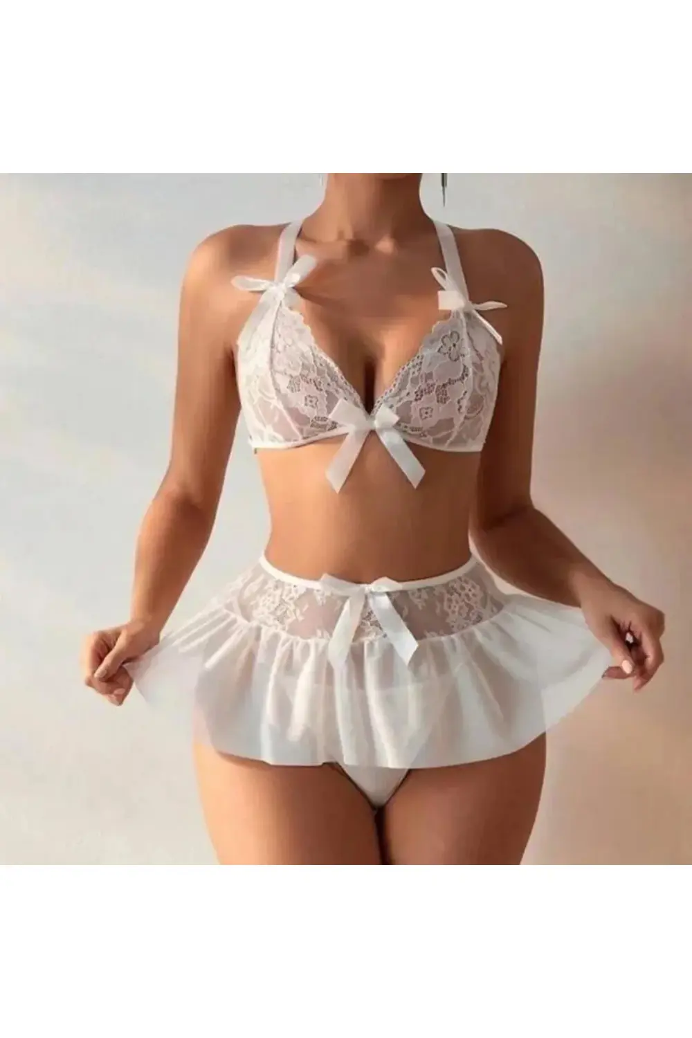 Pilelistore Fantazi Beyaz Dantelli Fiyonklu Seksi Babydol