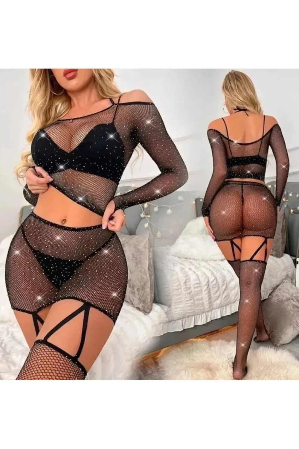 Pilelistore Fantazi Taşlı File Vücut Çorabı