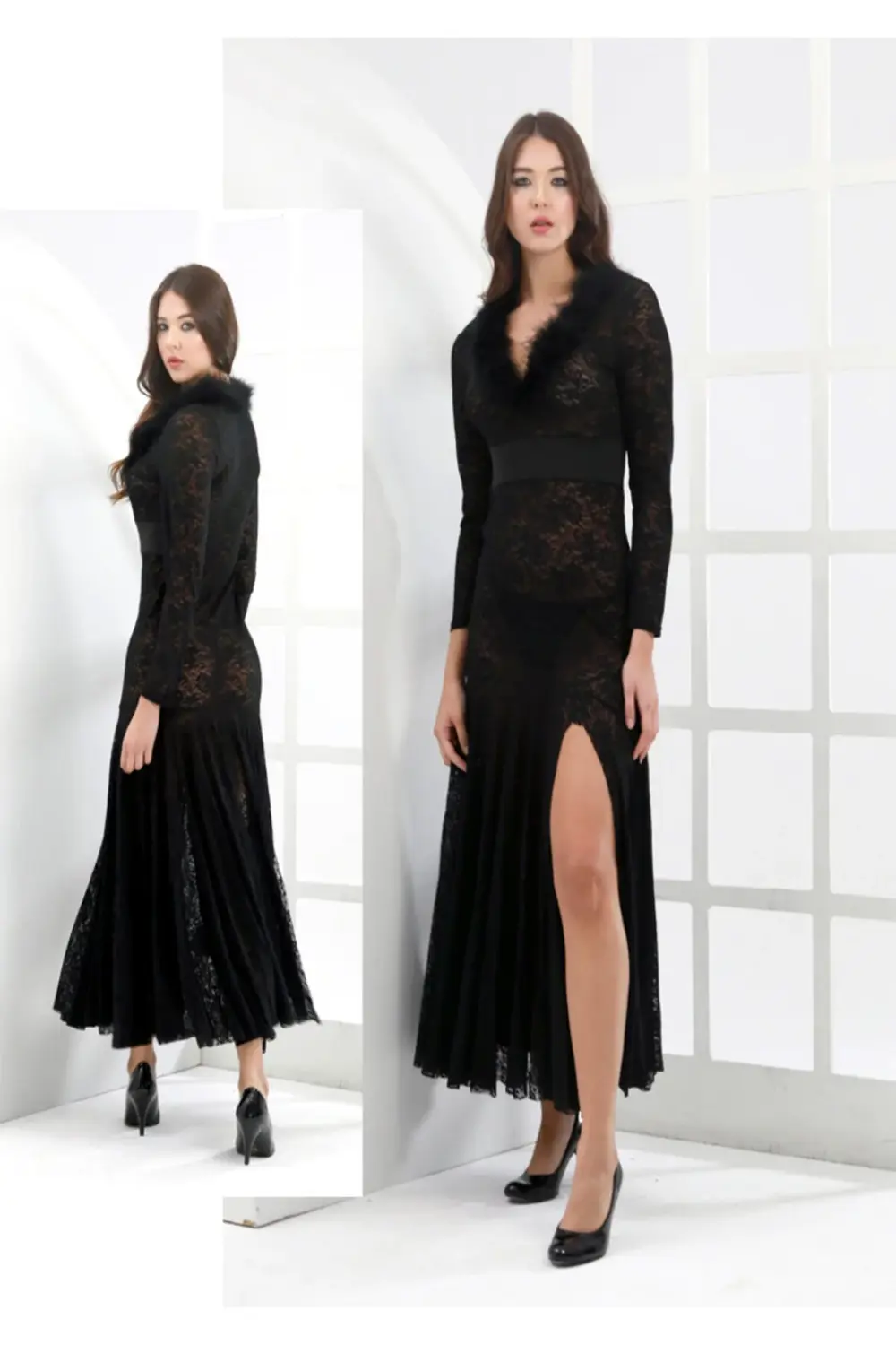 Fantezi Dantel İşlemeli Derin Dekolteli Peluş Yaka Yırtmaçlı Uzun