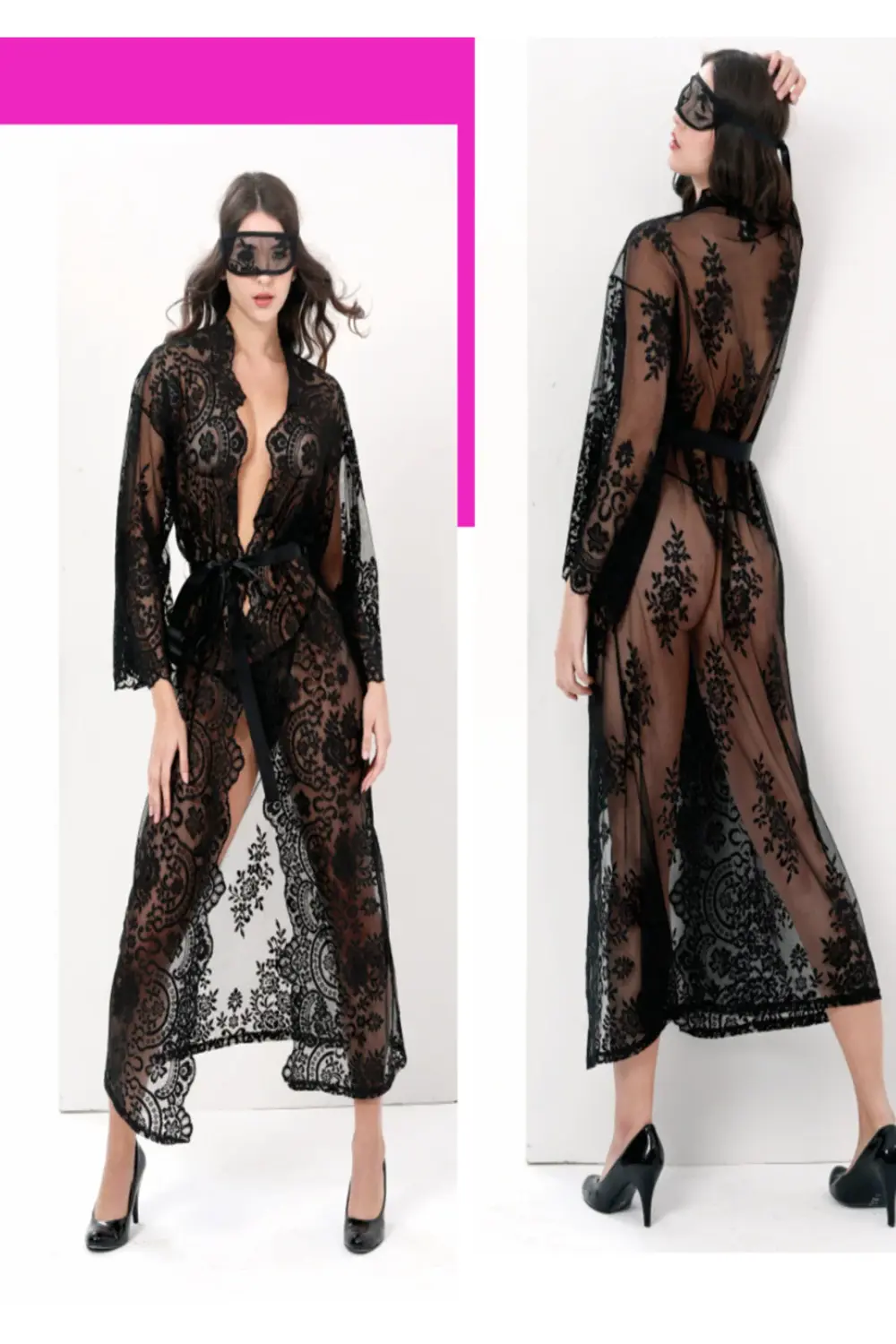 Fantezi Dantel İşlemeli Uzun Gecelik, Göz Banttı, String Takım