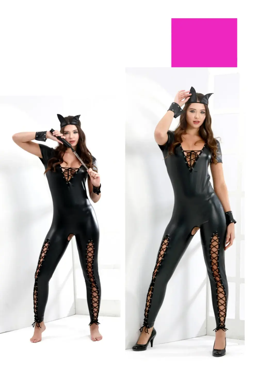 Fantezi Tam Boy Deri Görünümlü Kumaş Kedi Kız Kostümü