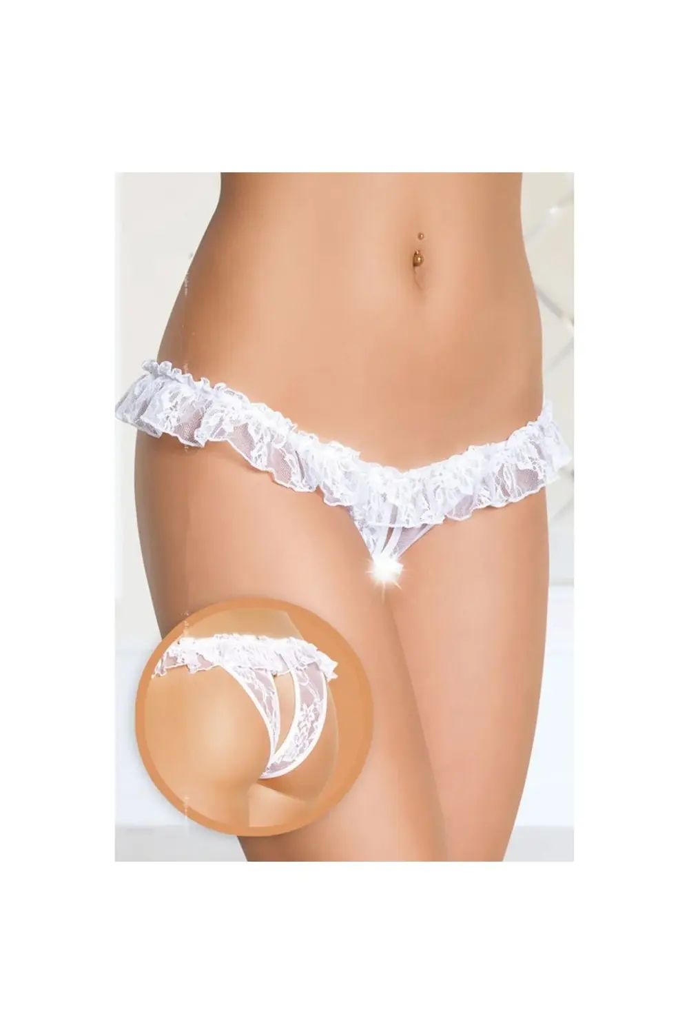 Fantezi Üstü Fırfırlı Ağı Açık Beyaz Dantel Tanga – String