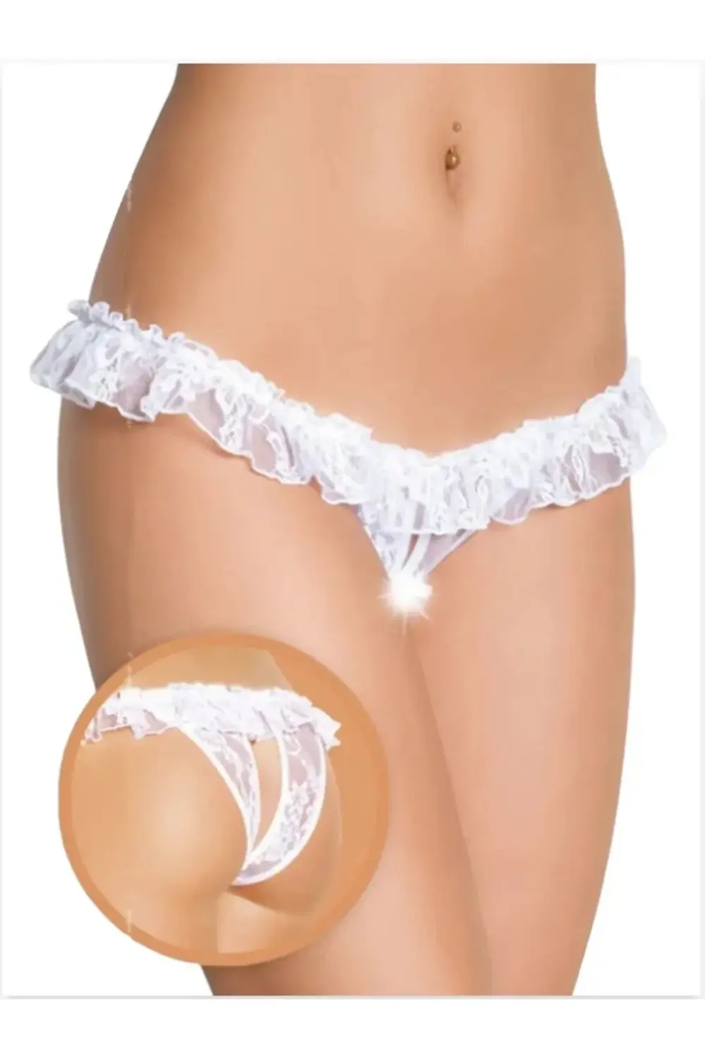 Fantezi Üstü Fırfırlı Ağı Açık Beyaz Dantel Tanga - String