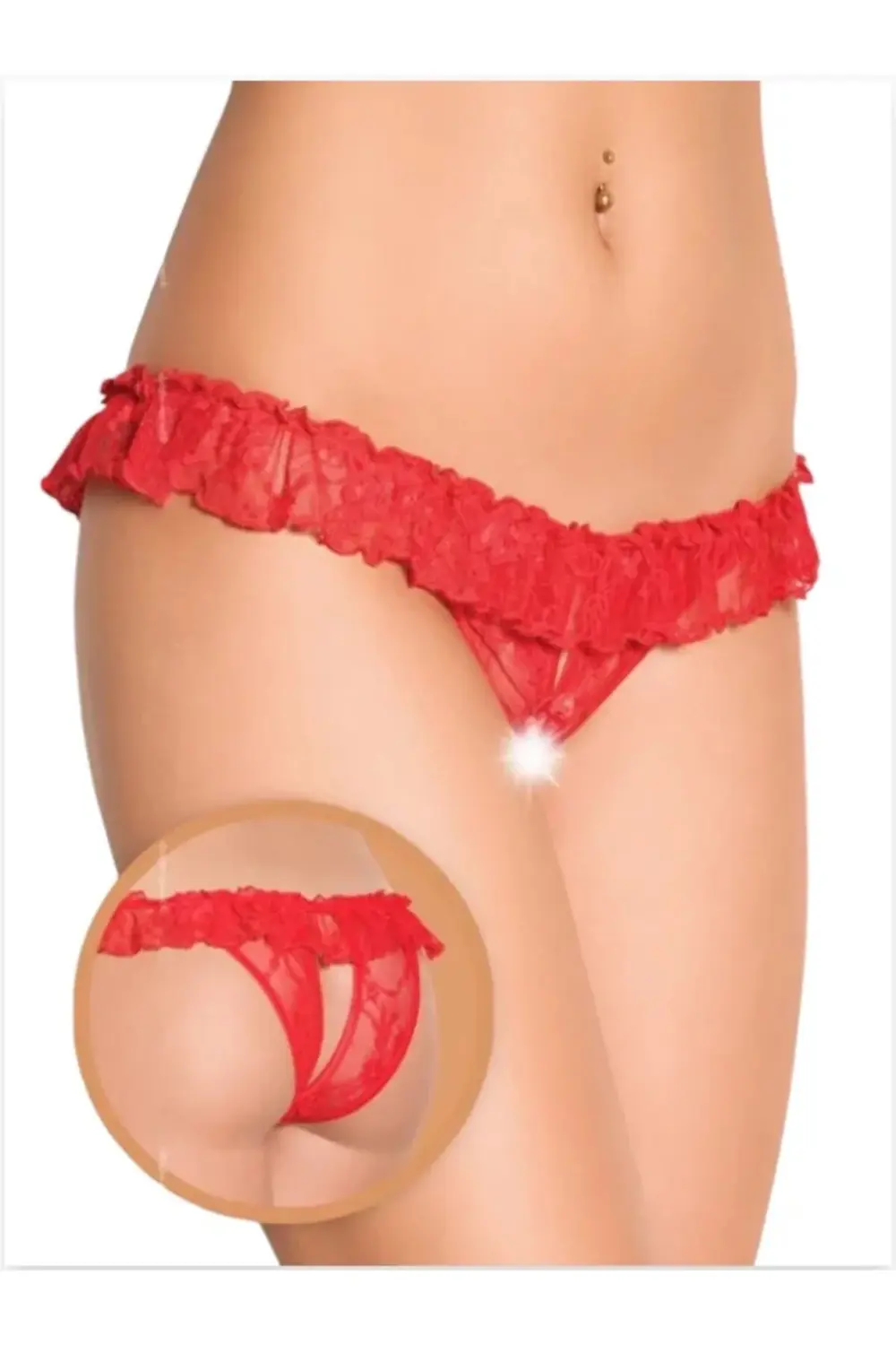 Fantezi Üstü Fırfırlı Ağı Açık Kırmızı Dantel Tanga - String