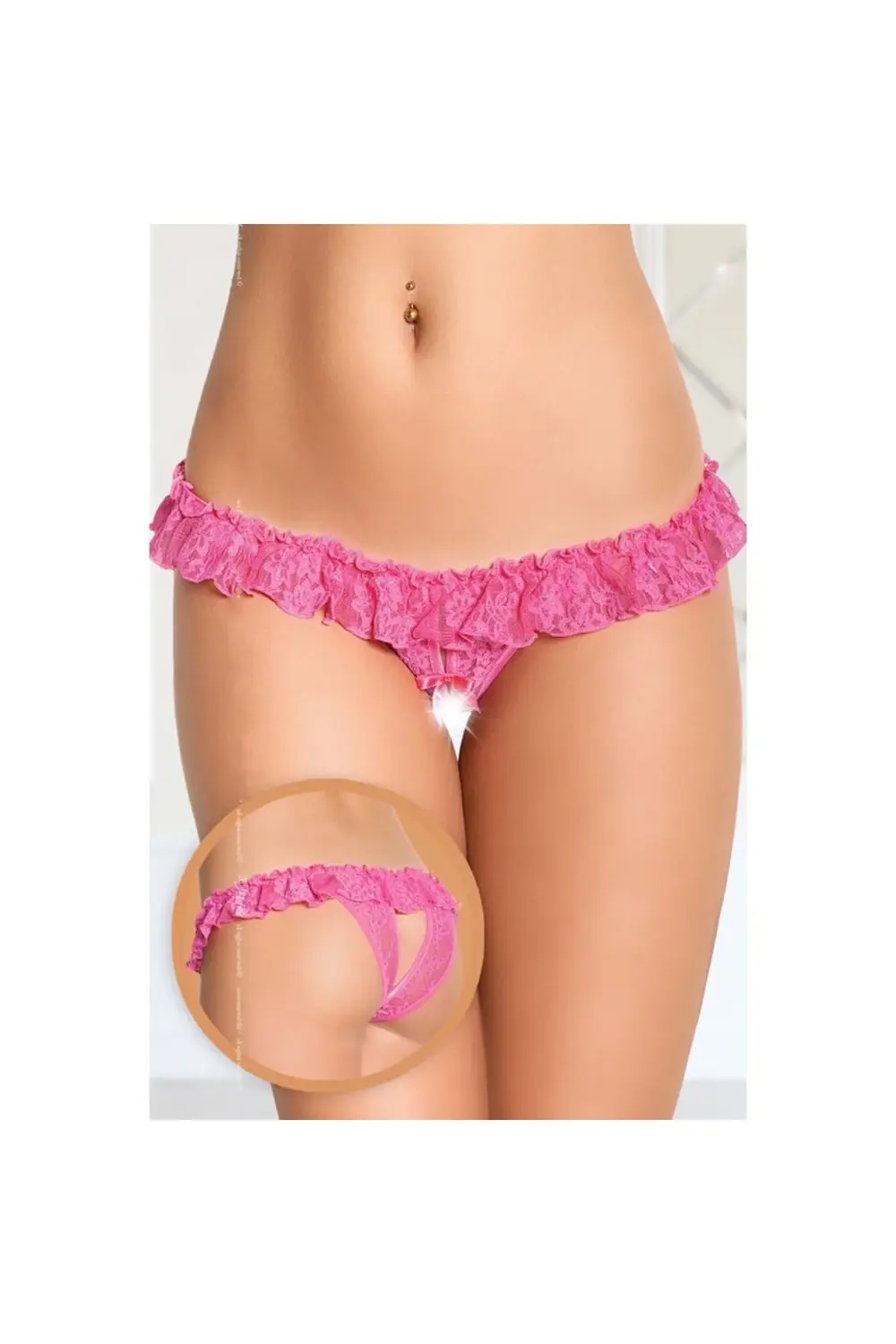 Fantezi Üstü Fırfırlı Ağı Açık Pembe Dantel Tanga – String