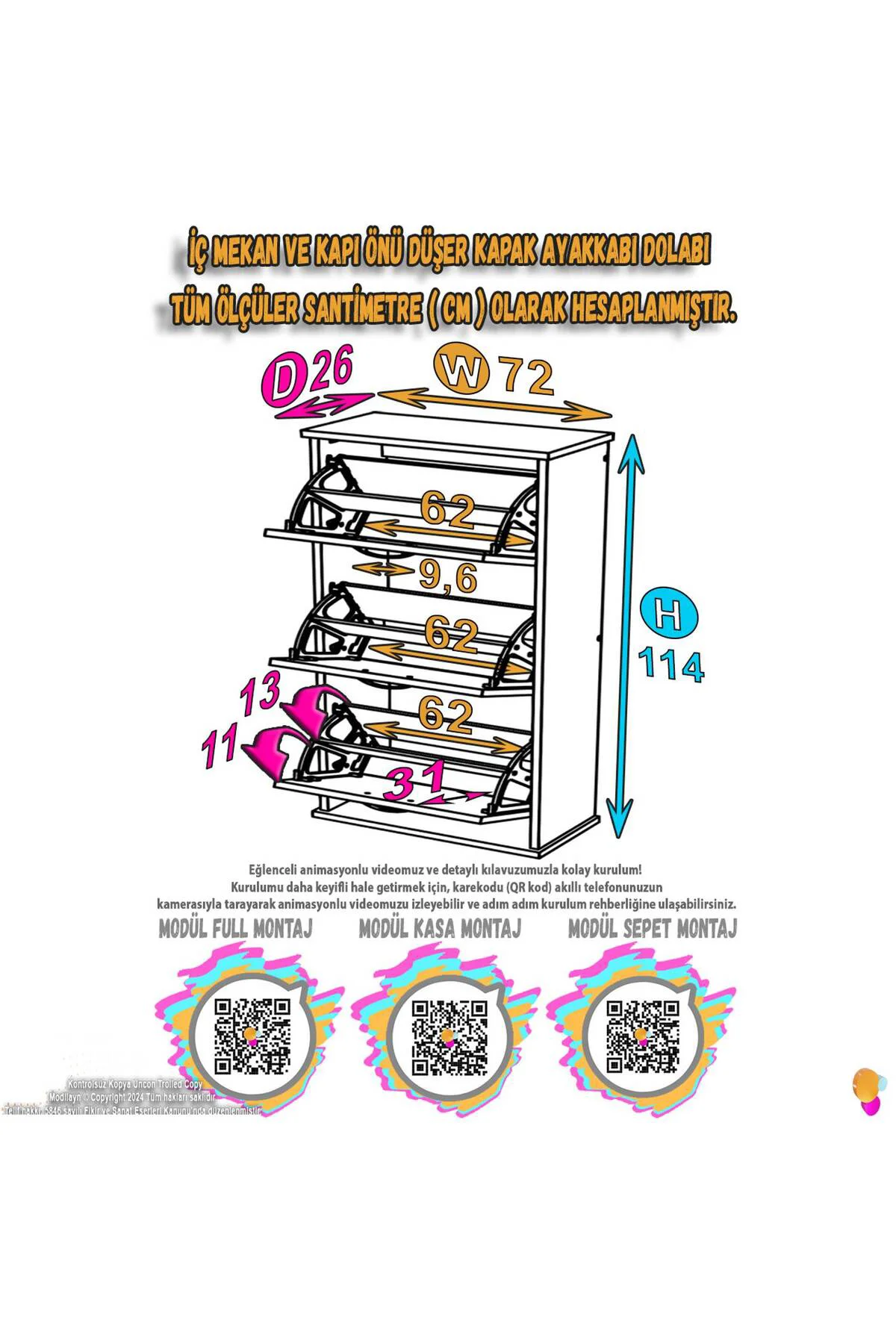 Farel 72 cm Genişlik 3 Kapaklı Ayakkabılık 72x114x26 cm Beyaz Ren