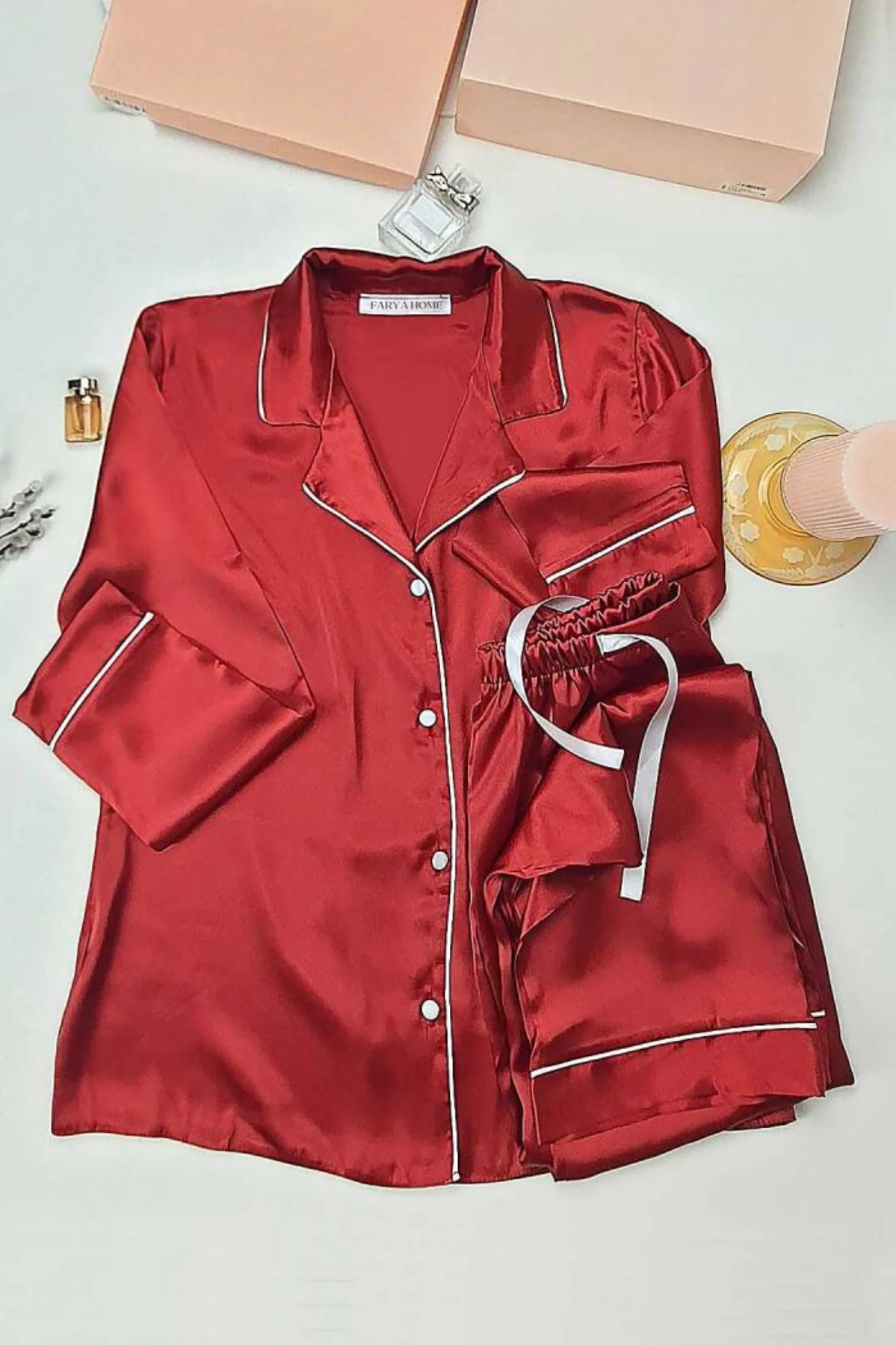 Faryanight İpek Saten Uzun Kollu Biyeli Düğmeli Gömlek Pijama Takımı, Bordo, S Fiyatı, Yorumları ve Özellikleri