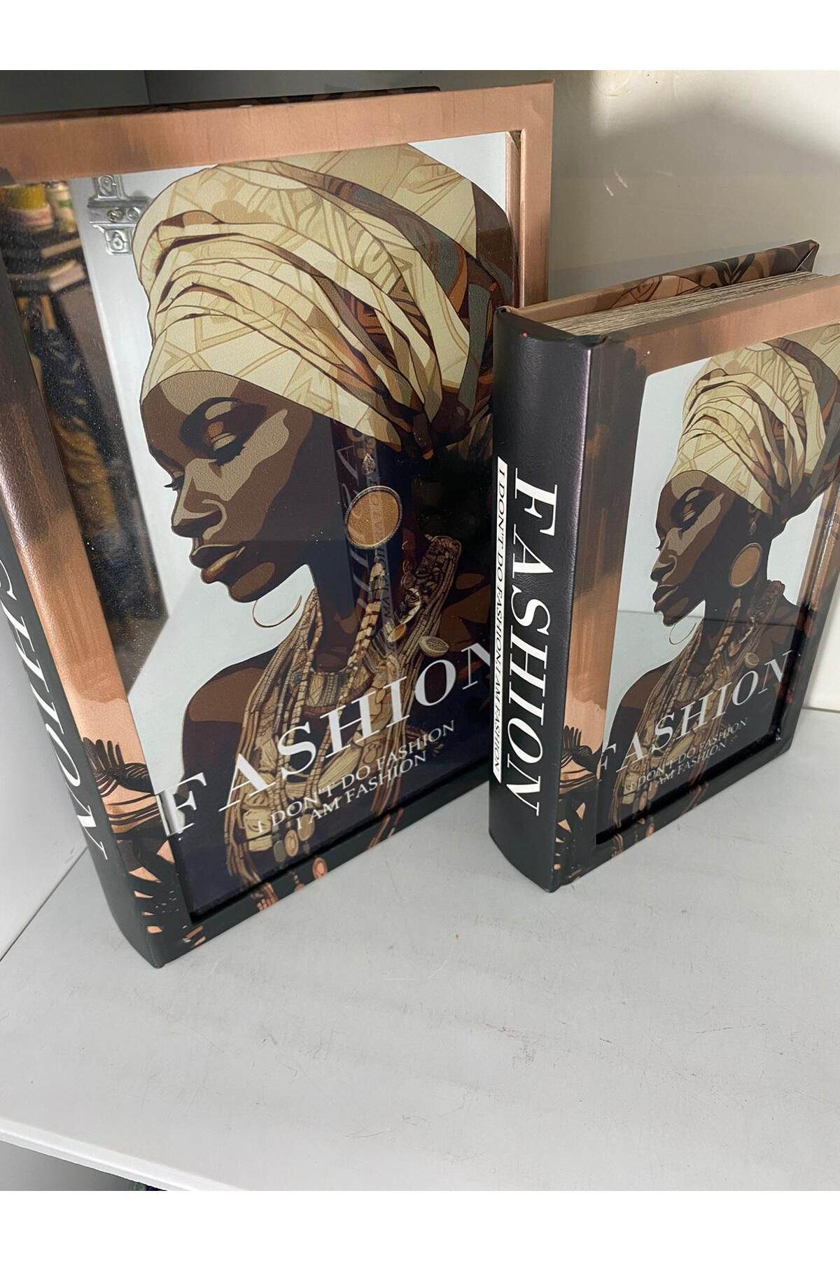 Elif Aksesuar Fashıon Afrikalı Kadın Ahşap Aynalı 2 Li Dekoratif Kitap Kutu