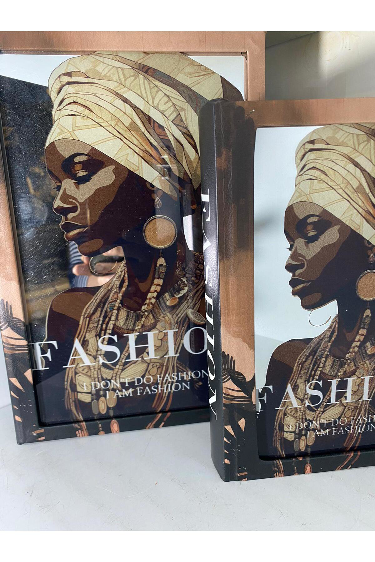Elif Aksesuar Fashıon Afrikalı Kadın Ahşap Aynalı 2 Li Dekoratif Kitap Kutu