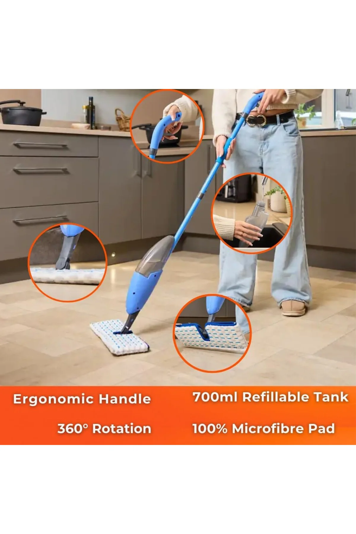 Fashion Çift Taraflı Sprey Mop, Kovasız Pratik Temizlik, 360 Döner Başlıklı Paspas
