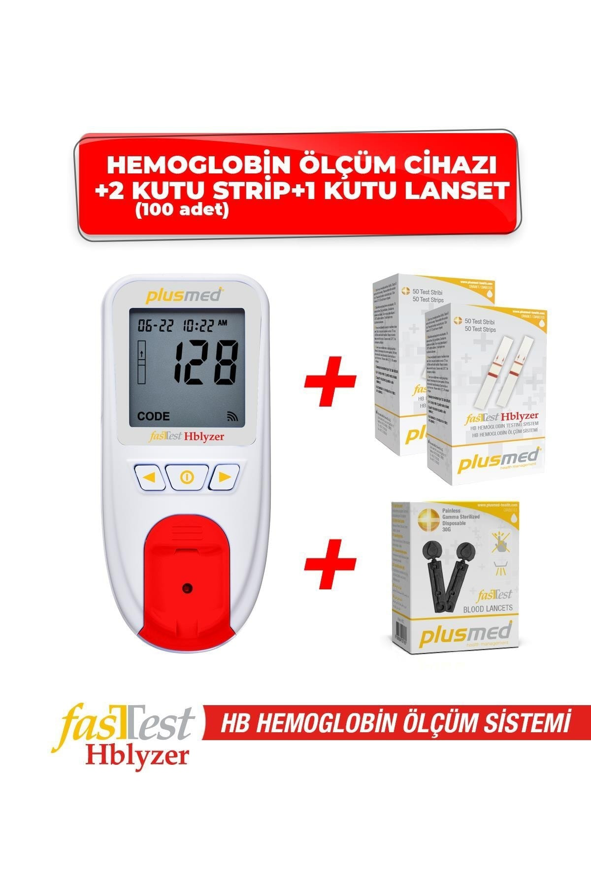 Plusmed Fasttest Hblyzer Hemoglobin Ölçüm Cihazı 2 Kutu Strip 1 Kutu Lans