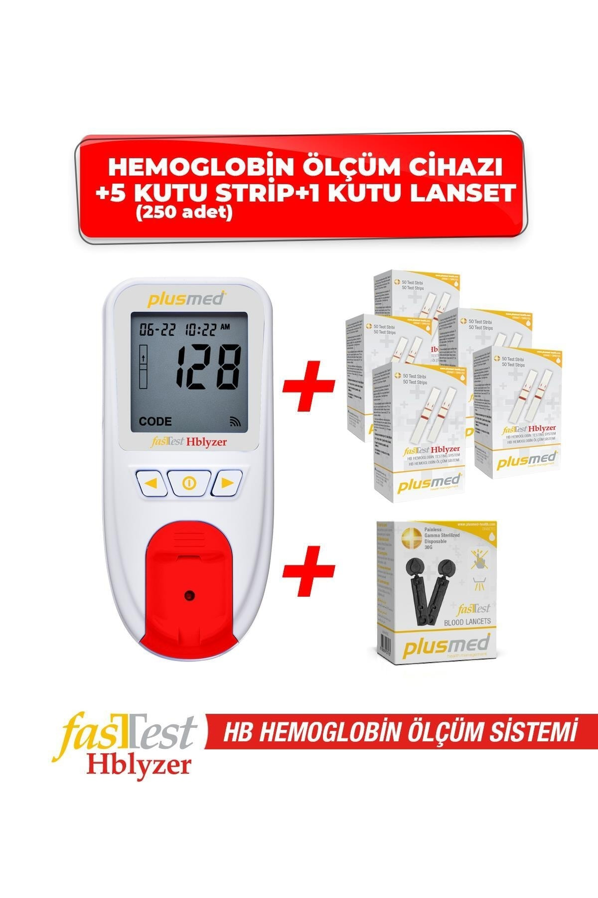 Plusmed Fasttest Hblyzer Hemoglobin Ölçüm Cihazı 5 Kutu Strip 1 Kutu Lans