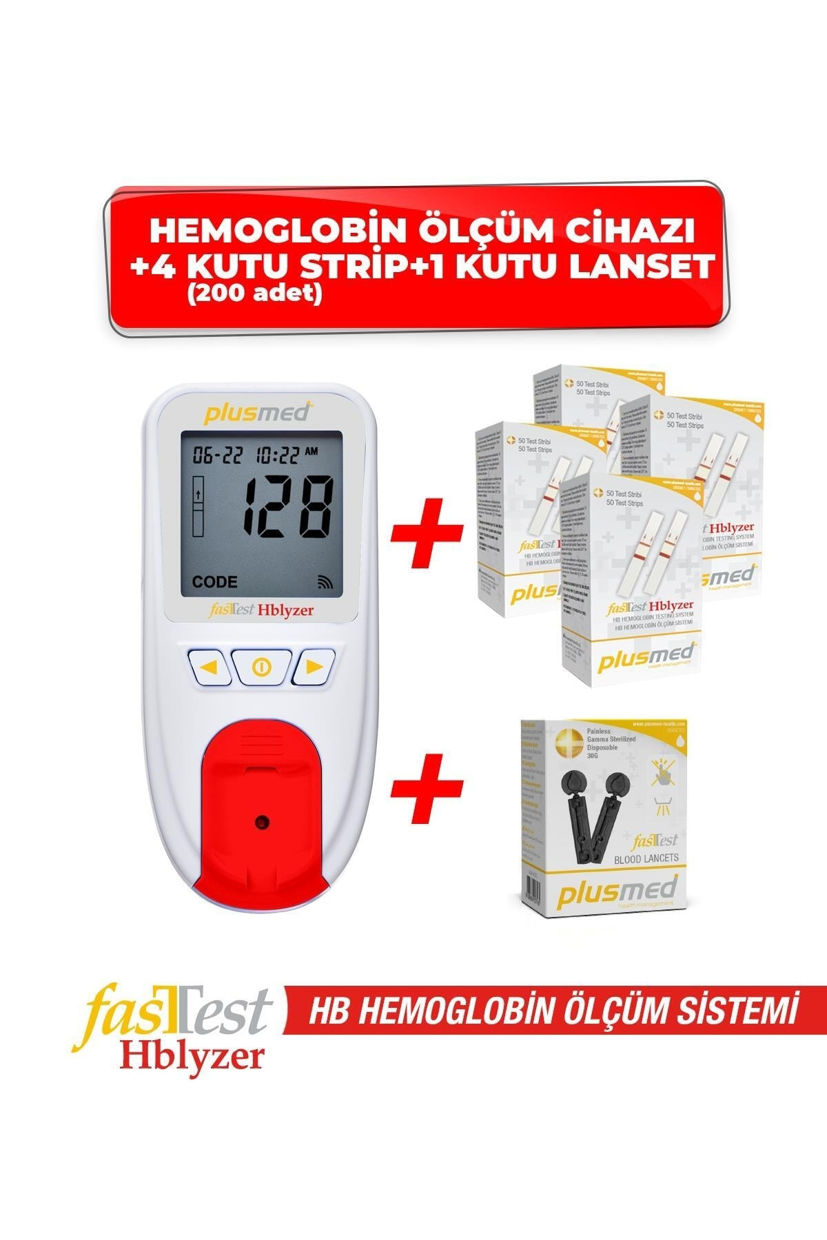 Plusmed Fasttest Hblyzer Hemoglobin Ölçüm Cihazı 4 Kutu Strip 1 Kutu Lans