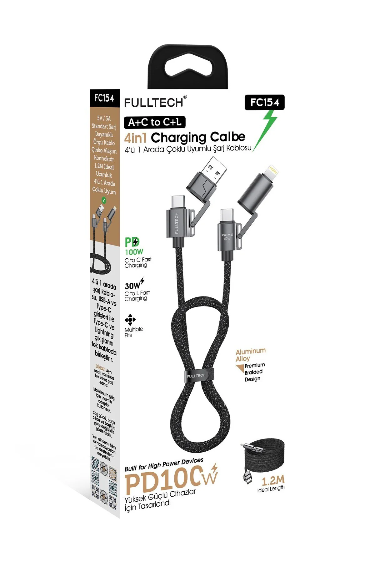 FC154 4'ü 1 Arada Şarj Kablosu PD 100W Type-C & Lightning Hızlı Şarj (A+C to C+L, 1.2M Örgü )