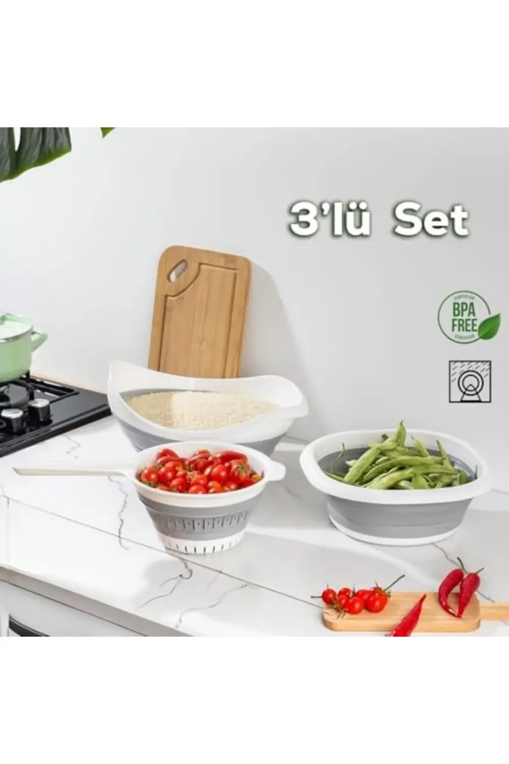 fee Katlanabilir 3'lü Badya - 3'lü Mutfak Meyve Sebze Yıkama Leğe