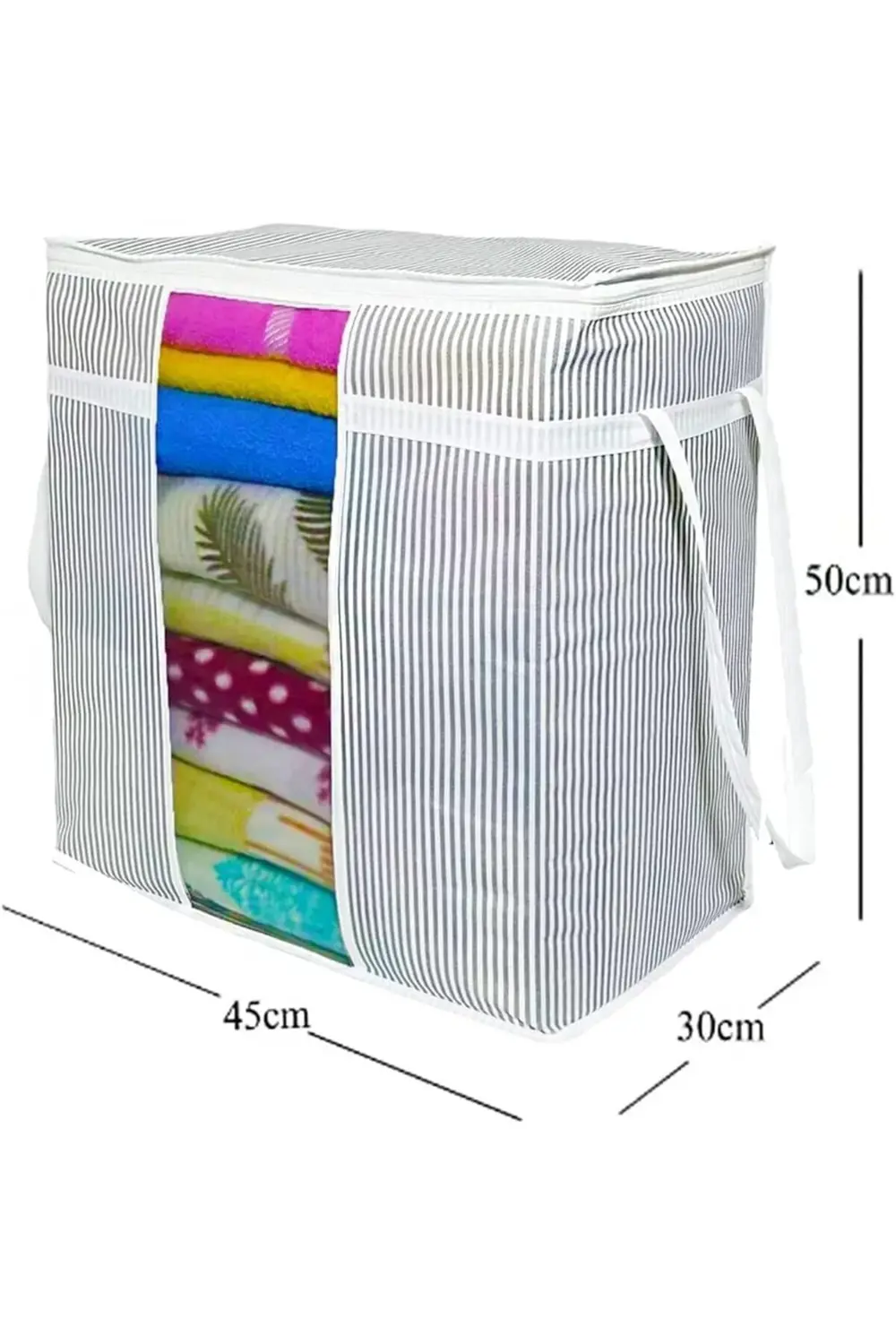 fee Pencereli Giysi Yorgan Yastık Hurcu Saklama Çantası Gri Çizgi