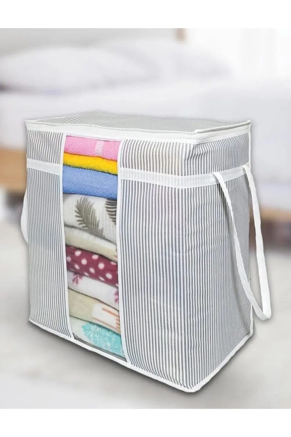 fee Pencereli Giysi Yorgan Yastık Hurcu Saklama Çantası Gri Çizgi