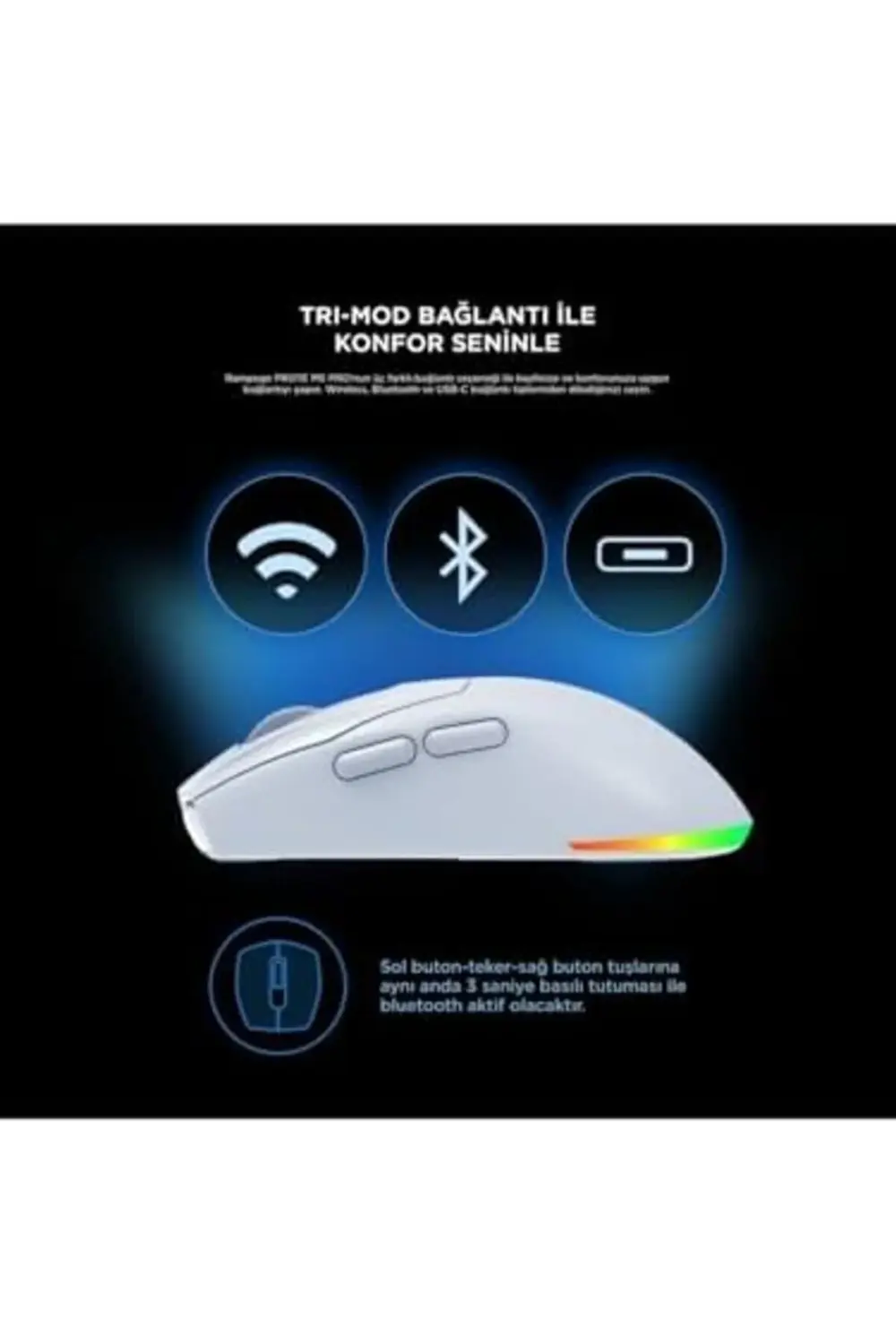 fee PROTE M5 PRO Kablosuz Beyaz RGB Ledli Şarjlı 26000 DPI 3395 S