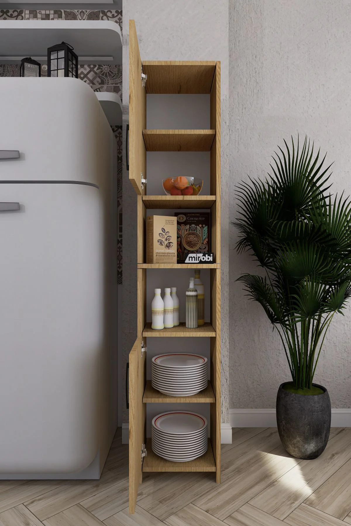 Fella 6 Raflı Çok Amaçlı Dekoratif Mutfak Dolabı Çam