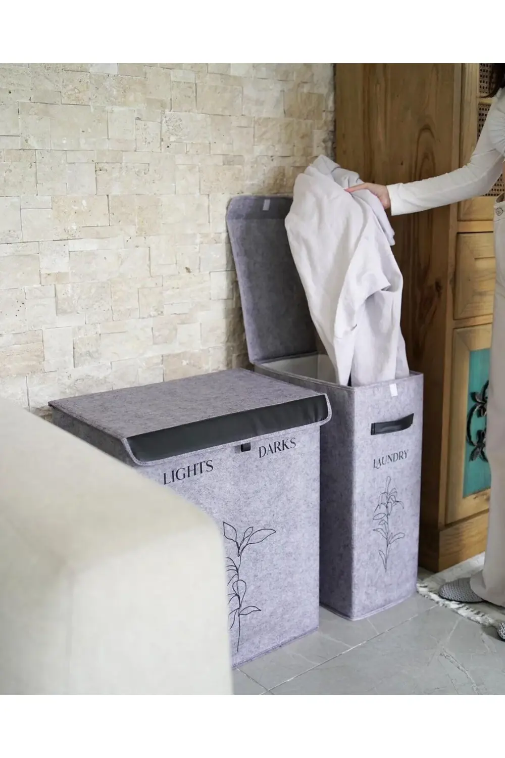 Felted Deri Detaylı 2 Gözlü Lüks Keçe Kirli Çamaşır Sepeti