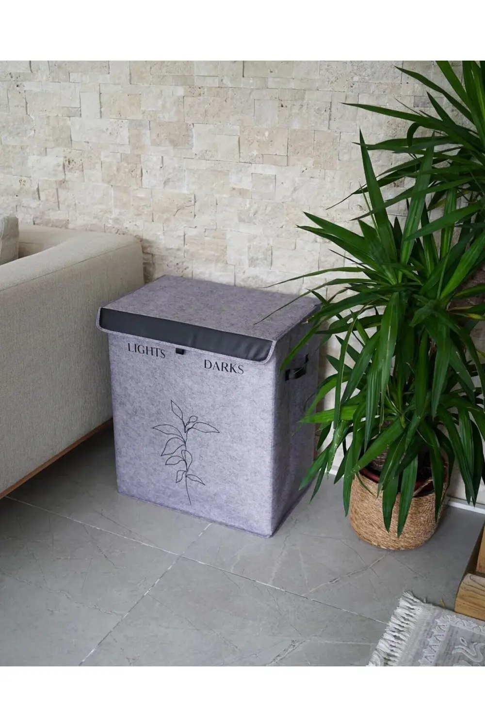 Felted Deri Detaylı 2 Gözlü Lüks Keçe Kirli Çamaşır Sepeti