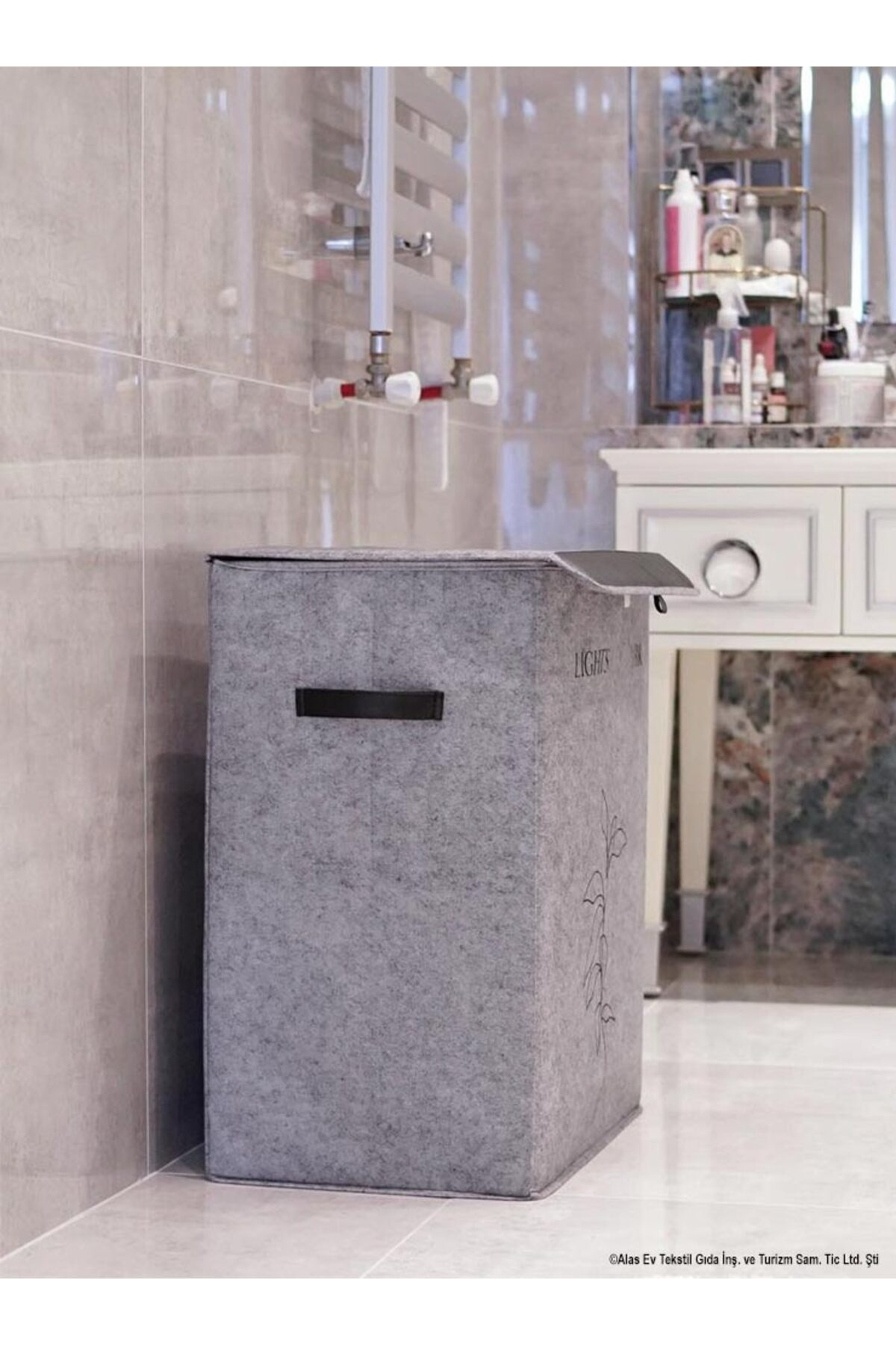 Pazar Kapısı Felted Deri Detaylı 2 Gözlü Lüks Keçe Kirli Çamaşır Sepeti