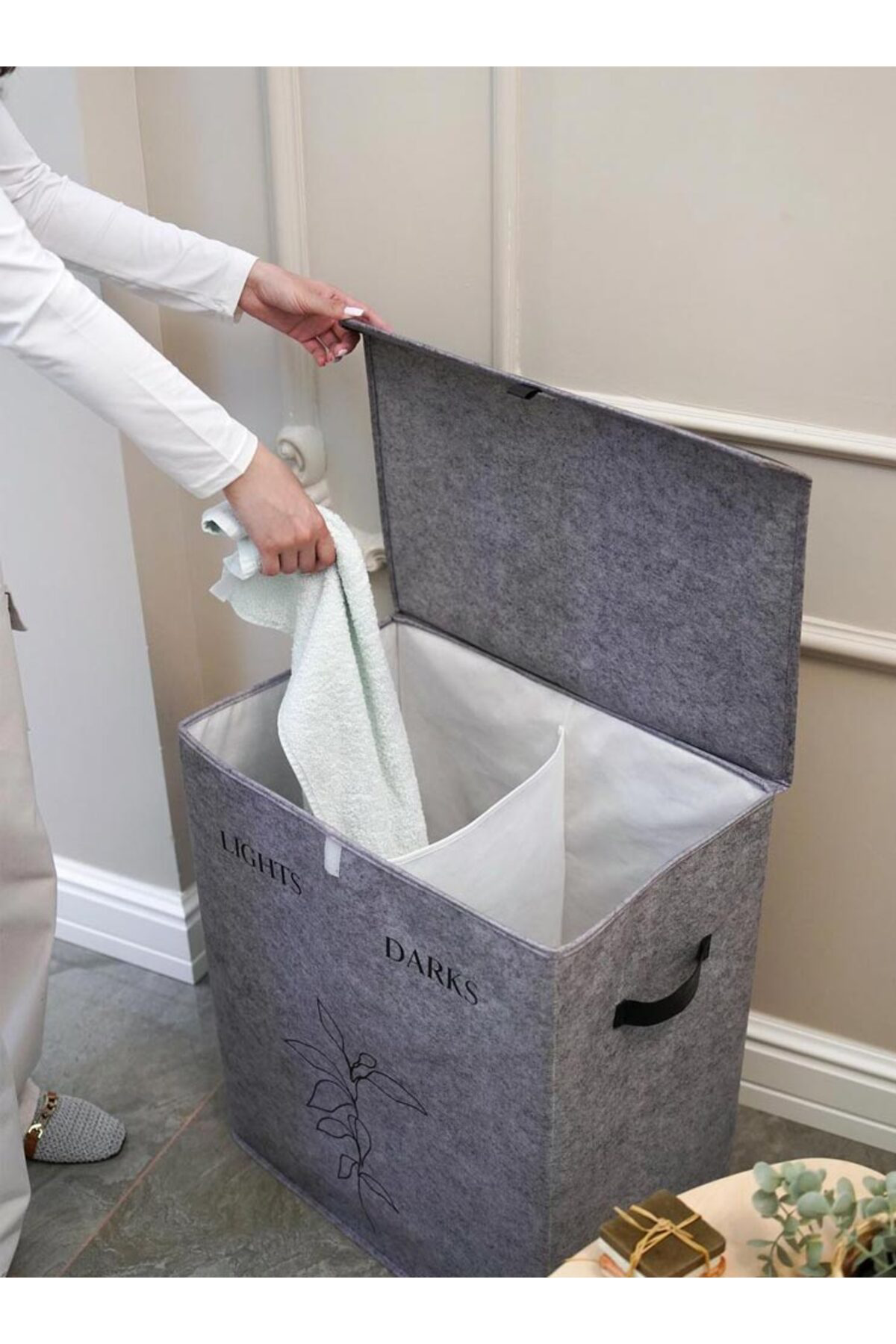 Pazar Kapısı Felted Deri Detaylı 2 Gözlü Lüks Keçe Kirli Çamaşır Sepeti