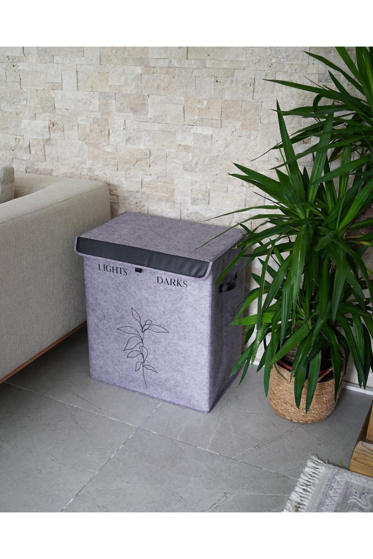 Pazar Kapısı Felted Deri Detaylı 2 Gözlü Lüks Keçe Kirli Çamaşır Sepeti