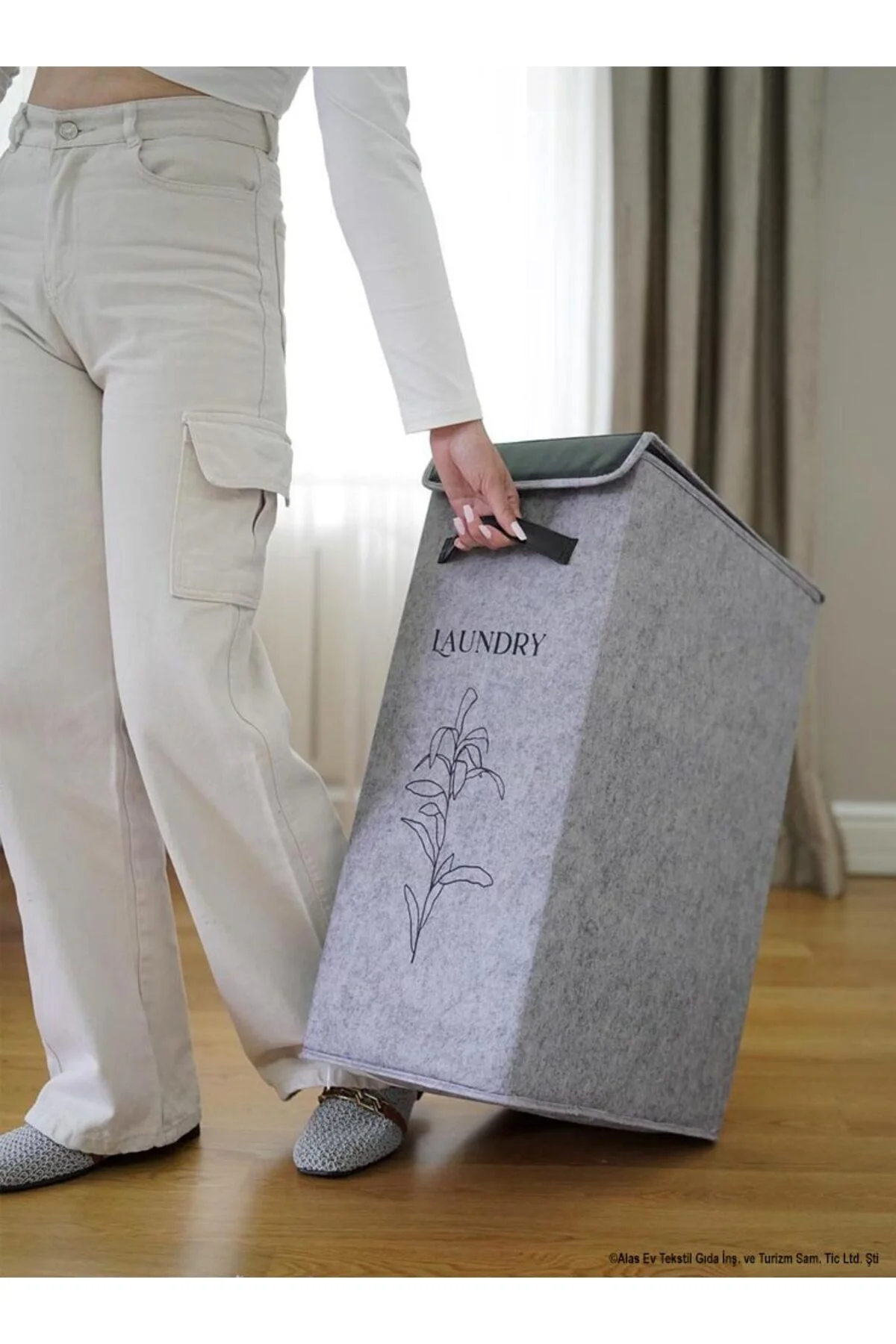 Felted Deri Detaylı Lüks Keçe Kirli Çamaşır Sepeti