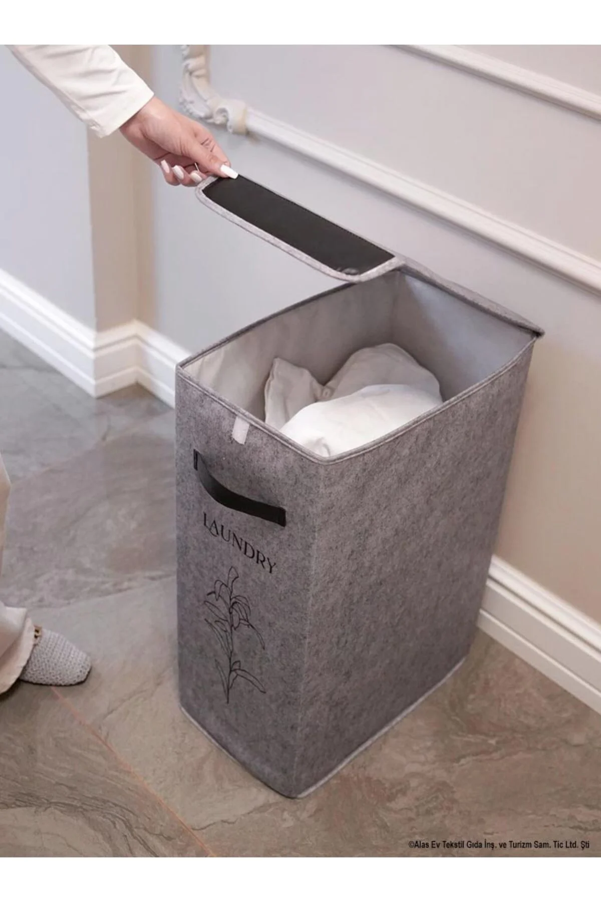 Felted Deri Detaylı Lüks Keçe Kirli Çamaşır Sepeti