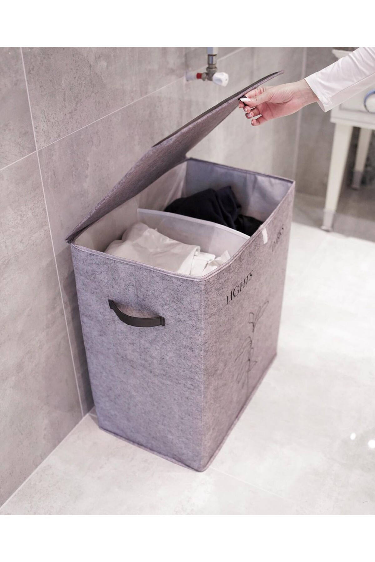 Pazar Kapısı Felted Deri Detaylı 2 Gözlü Lüks Keçe Kirli Çamaşır Sepeti