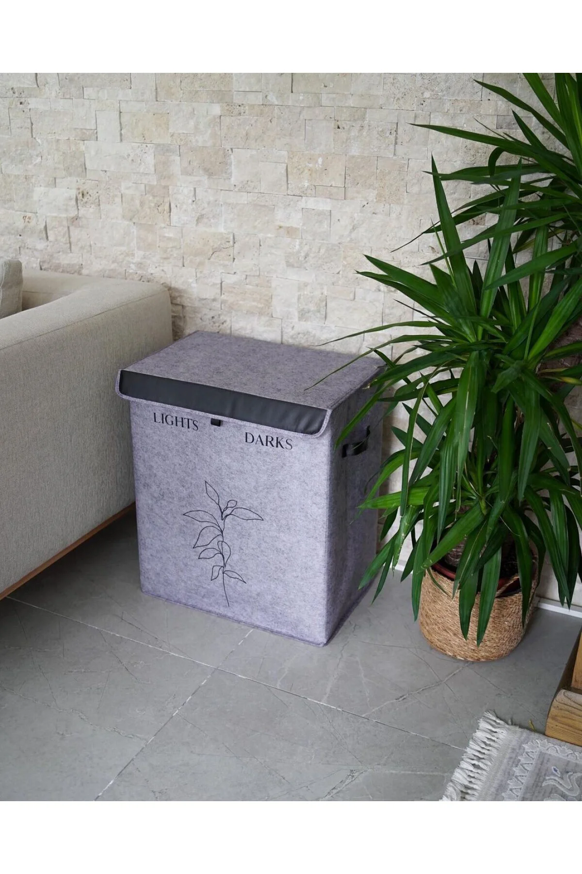 Felted Deri Detaylı 2 Gözlü Lüks Keçe Kirli Çamaşır Sepeti