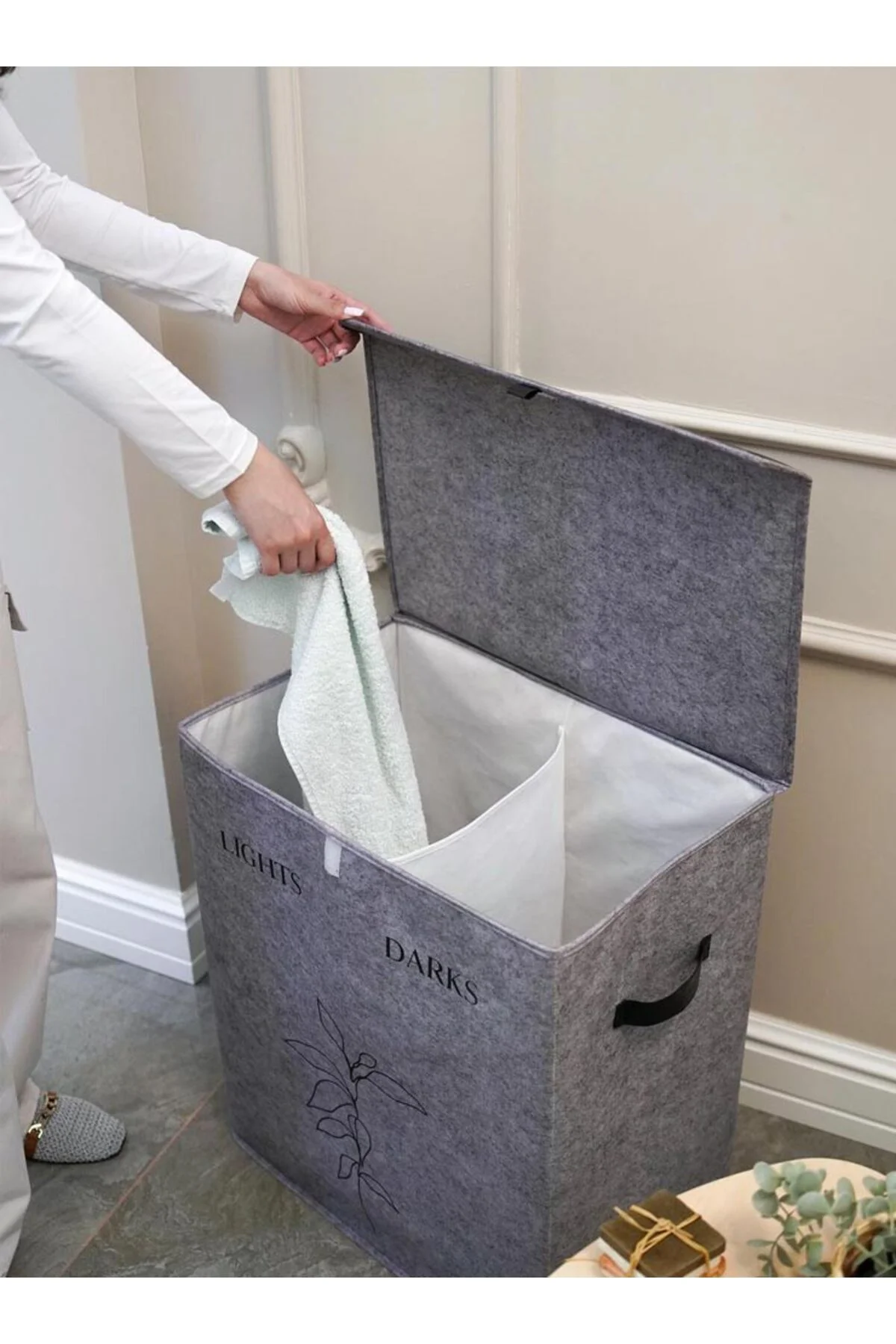 Felted Deri Detaylı 2 Gözlü Lüks Keçe Kirli Çamaşır Sepeti