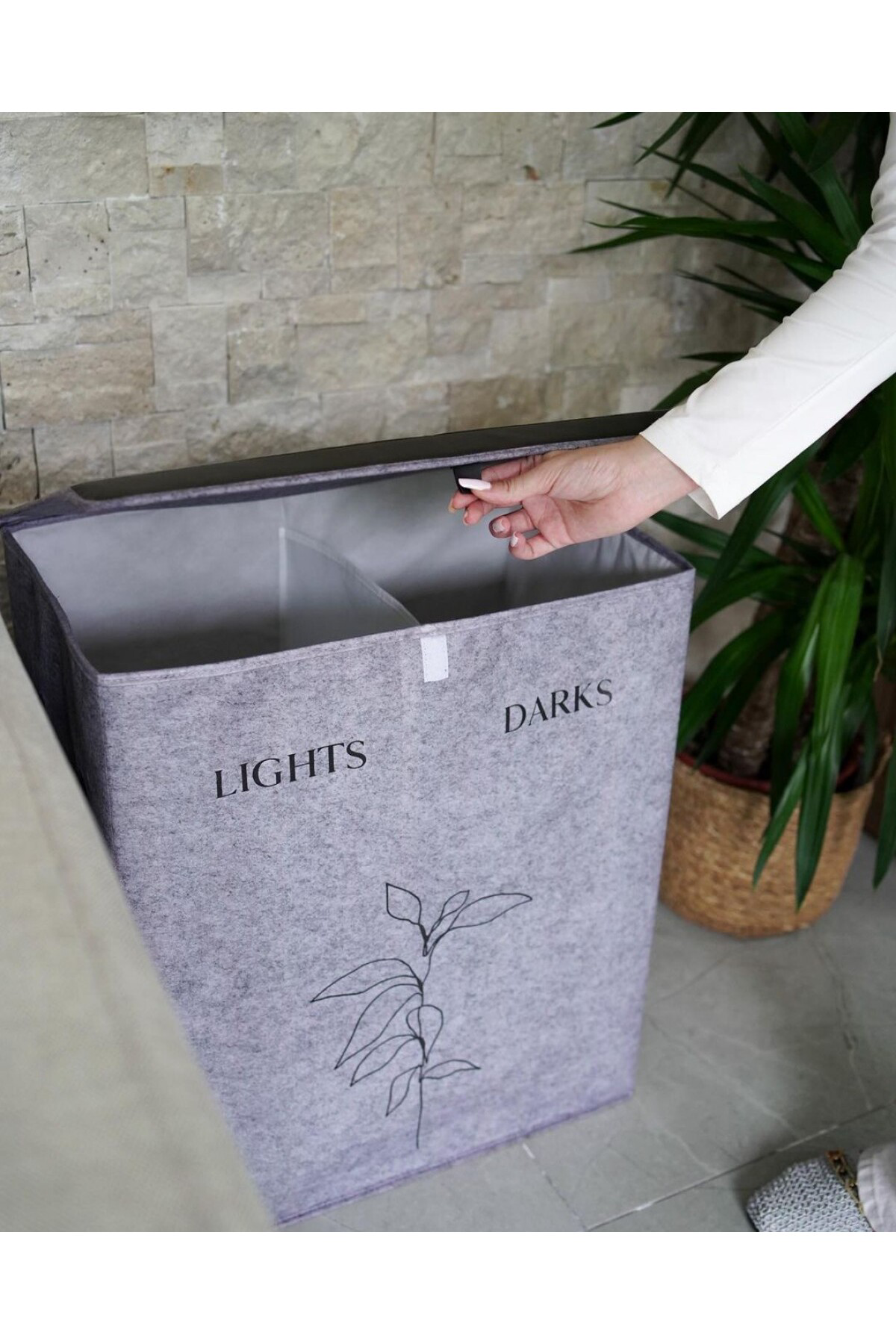 Pazar Kapısı Felted Deri Detaylı 2 Gözlü Lüks Keçe Kirli Çamaşır Sepeti