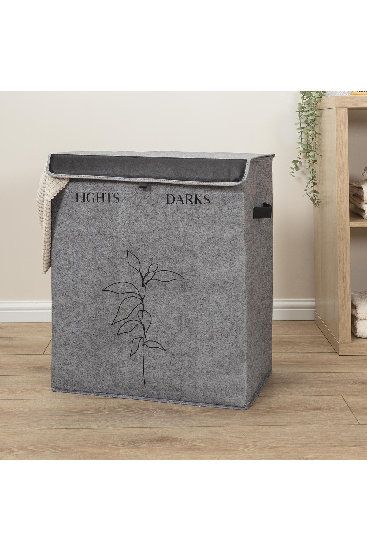 Pazar Kapısı Felted Deri Detaylı 2 Gözlü Lüks Keçe Kirli Çamaşır Sepeti