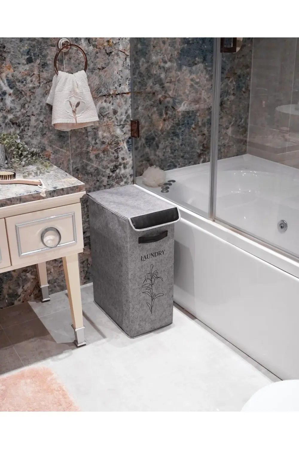 Felted Deri Detaylı Lüks Keçe Kirli Çamaşır Sepeti