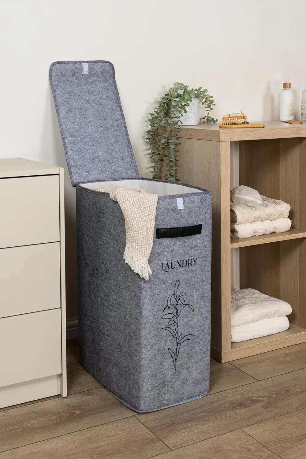 Felted Deri Detaylı Lüks Keçe Kirli Çamaşır Sepeti