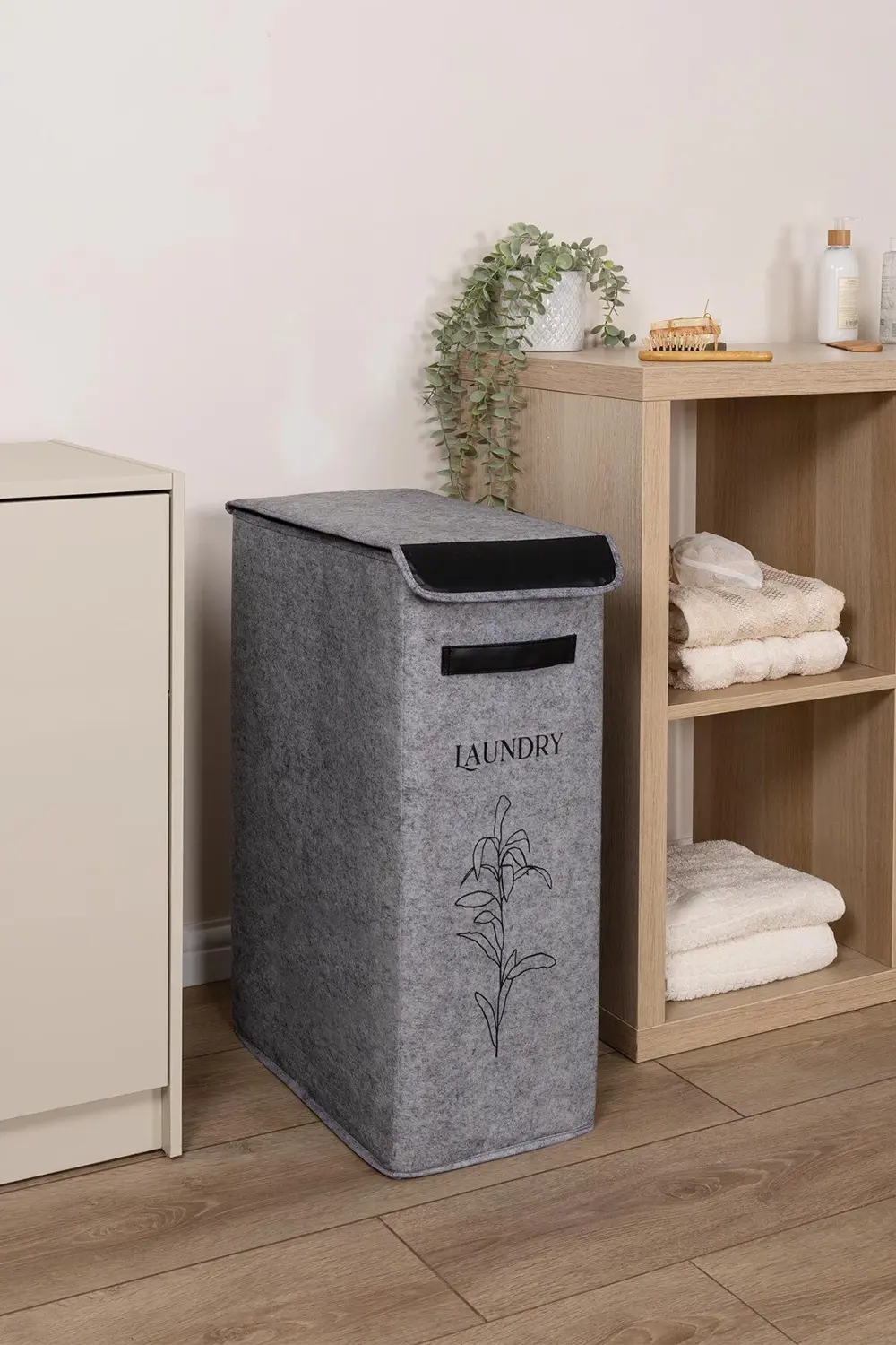 Felted Deri Detaylı Lüks Keçe Kirli Çamaşır Sepeti