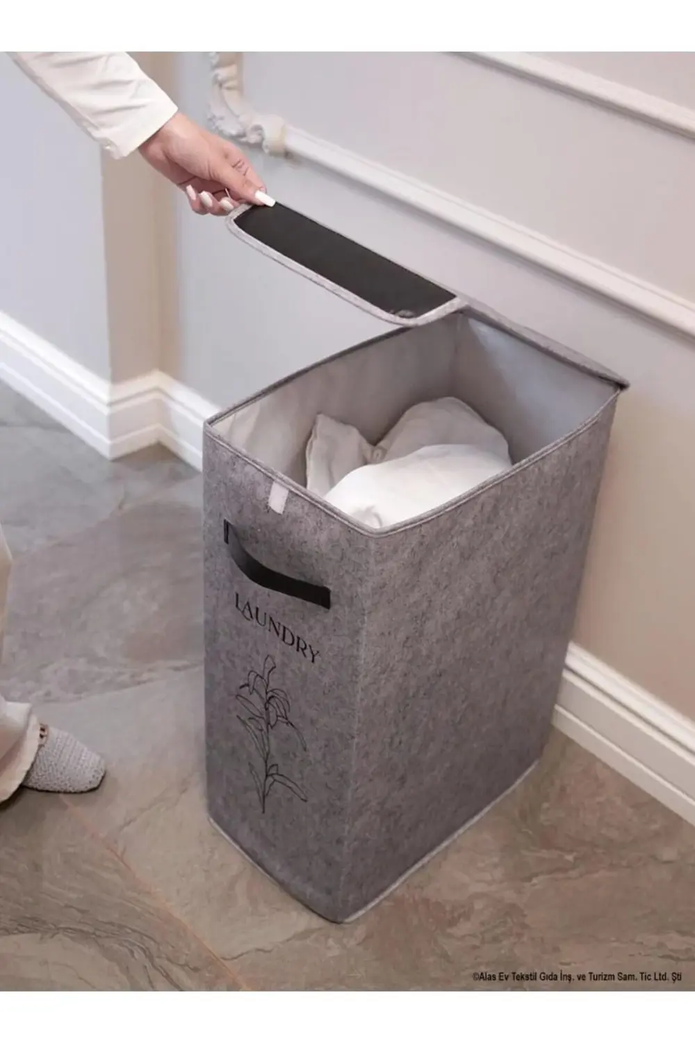 Felted Deri Detaylı Lüks Keçe Kirli Çamaşır Sepeti