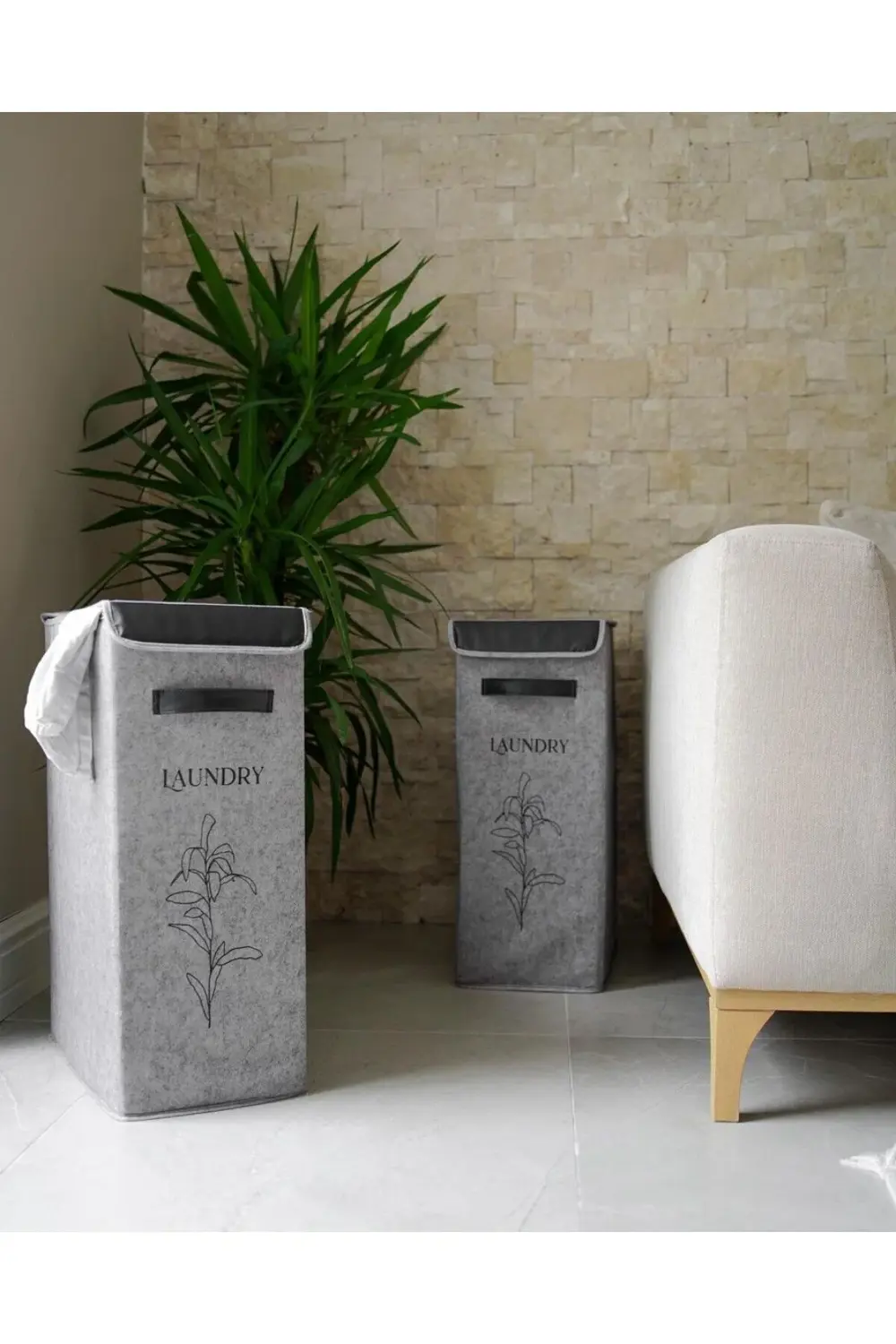 Felted Deri Detaylı Lüks Keçe Kirli Çamaşır Sepeti