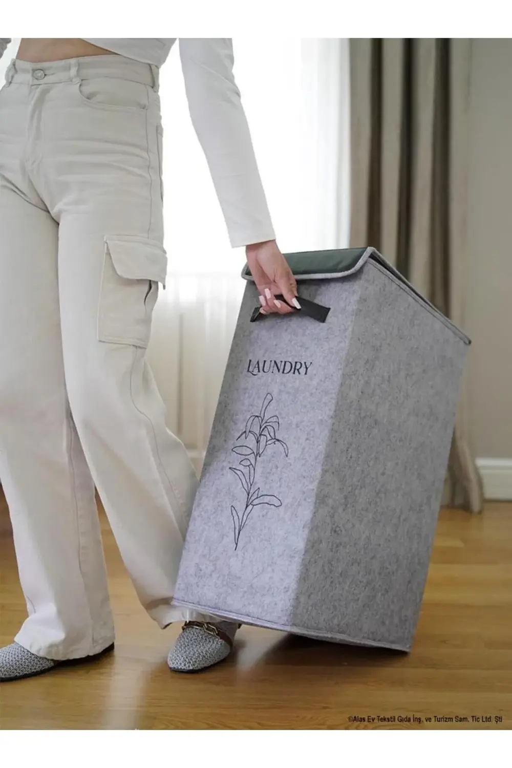 Felted Deri Detaylı Lüks Keçe Kirli Çamaşır Sepeti